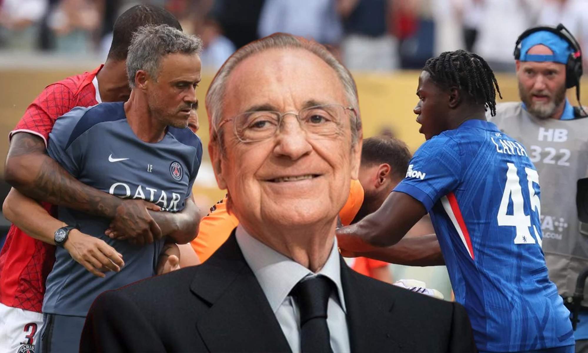 Florentino Pérez y una captura de la agresión de Luis Enrique.