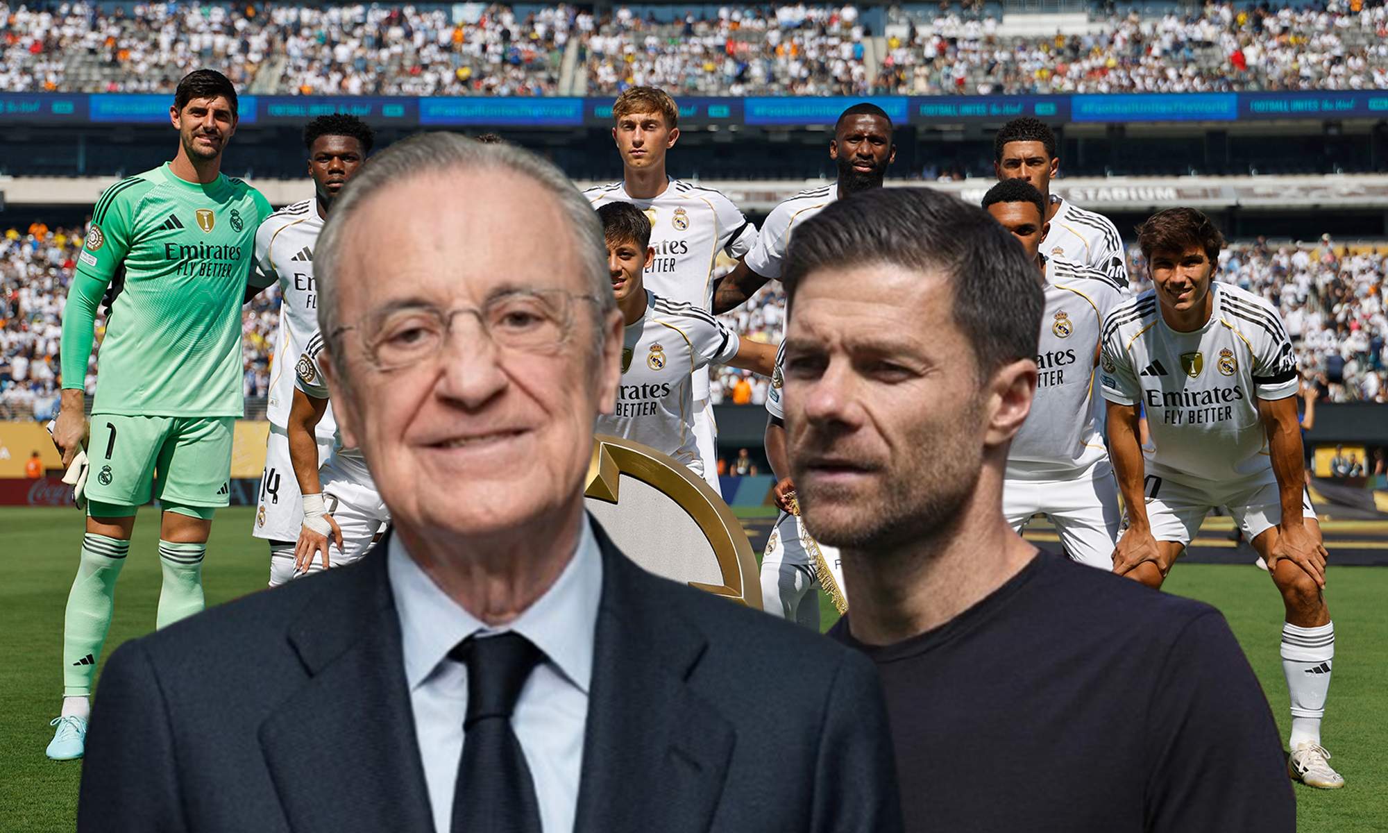 Florentino Pérez, Xabi Alonso y un once del Real Madrid.