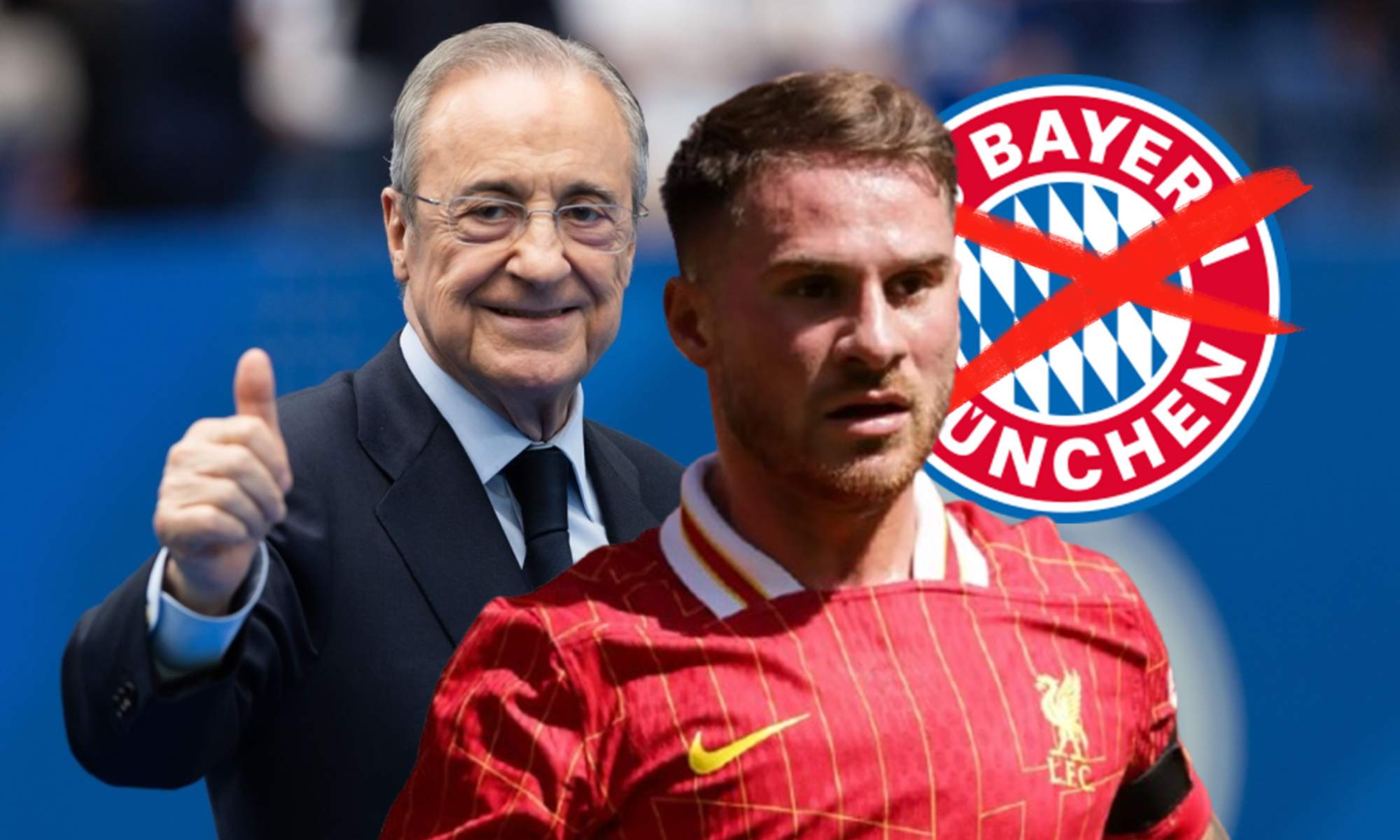 Florentino Pérez, Mac Allister y el escudo del Bayern de Múnich tachado.