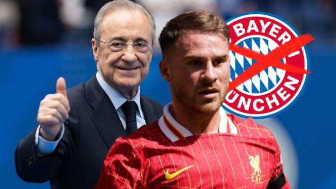 Florentino Pérez, Mac Allister y el escudo del Bayern de Múnich tachado.