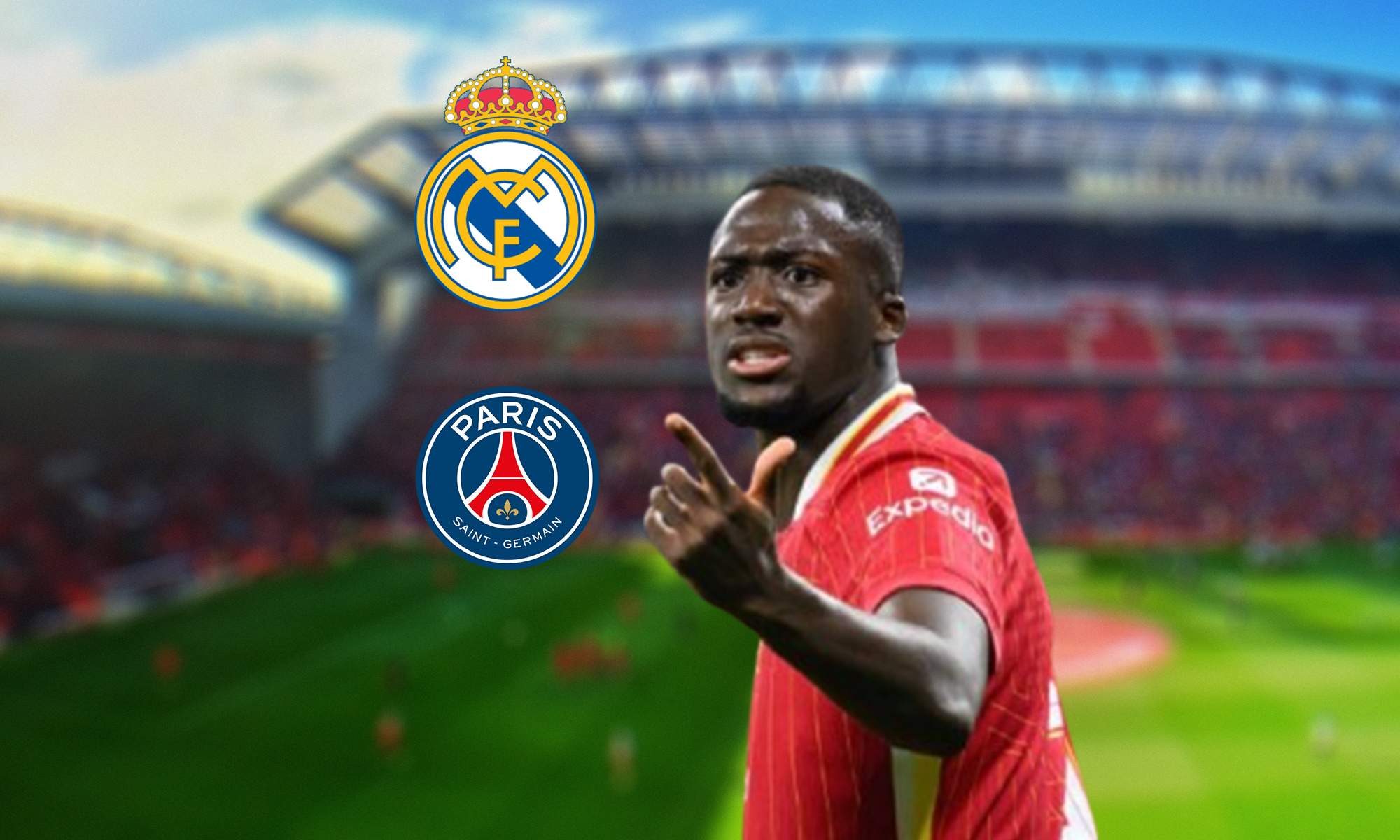 Konaté y los escudos del Real Madrid y el Paris Saint-Germain.