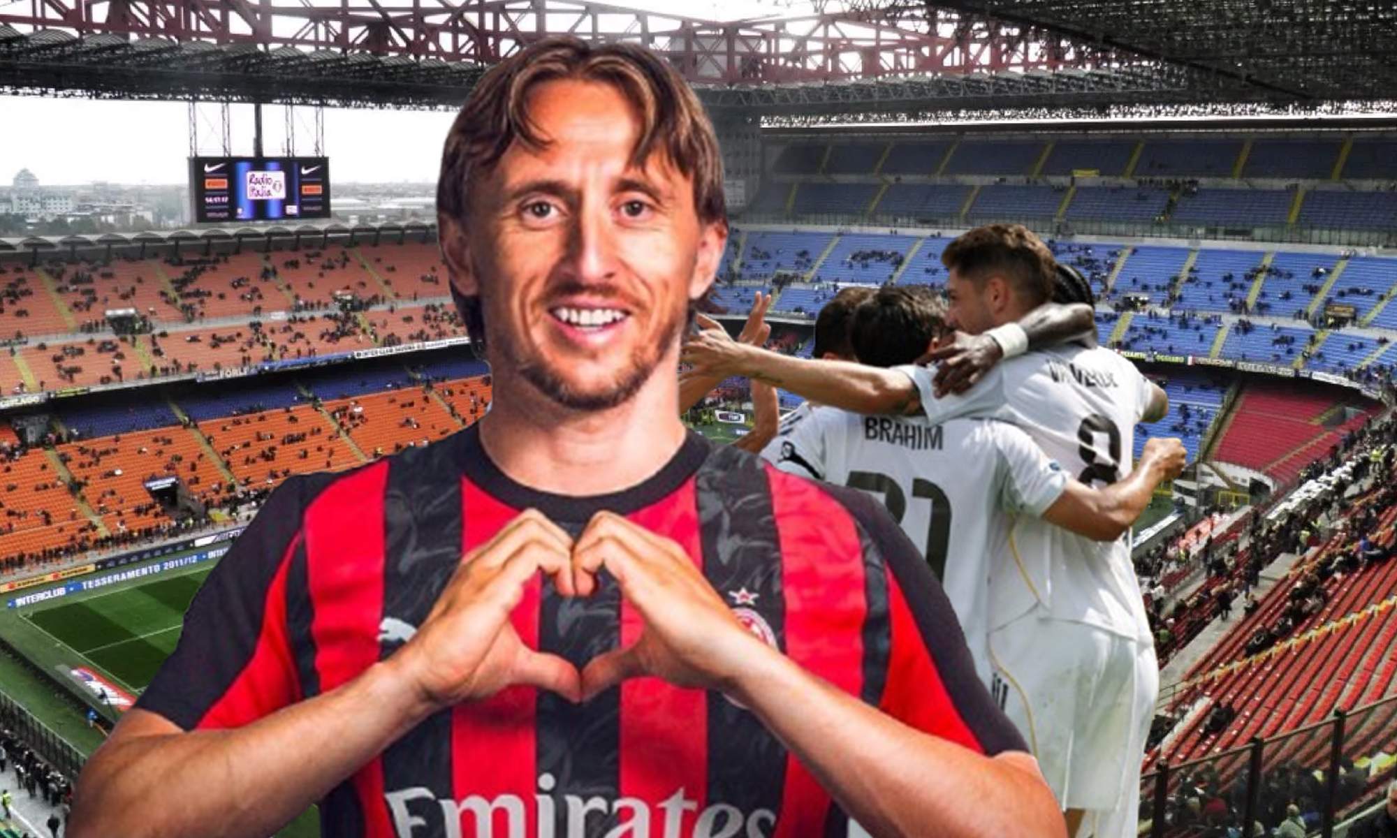 Luka Modric, jugadores del Real Madrid y el estadio de San Siro. Luka Modric, jugadores del Real Madrid y el estadio de San Siro.