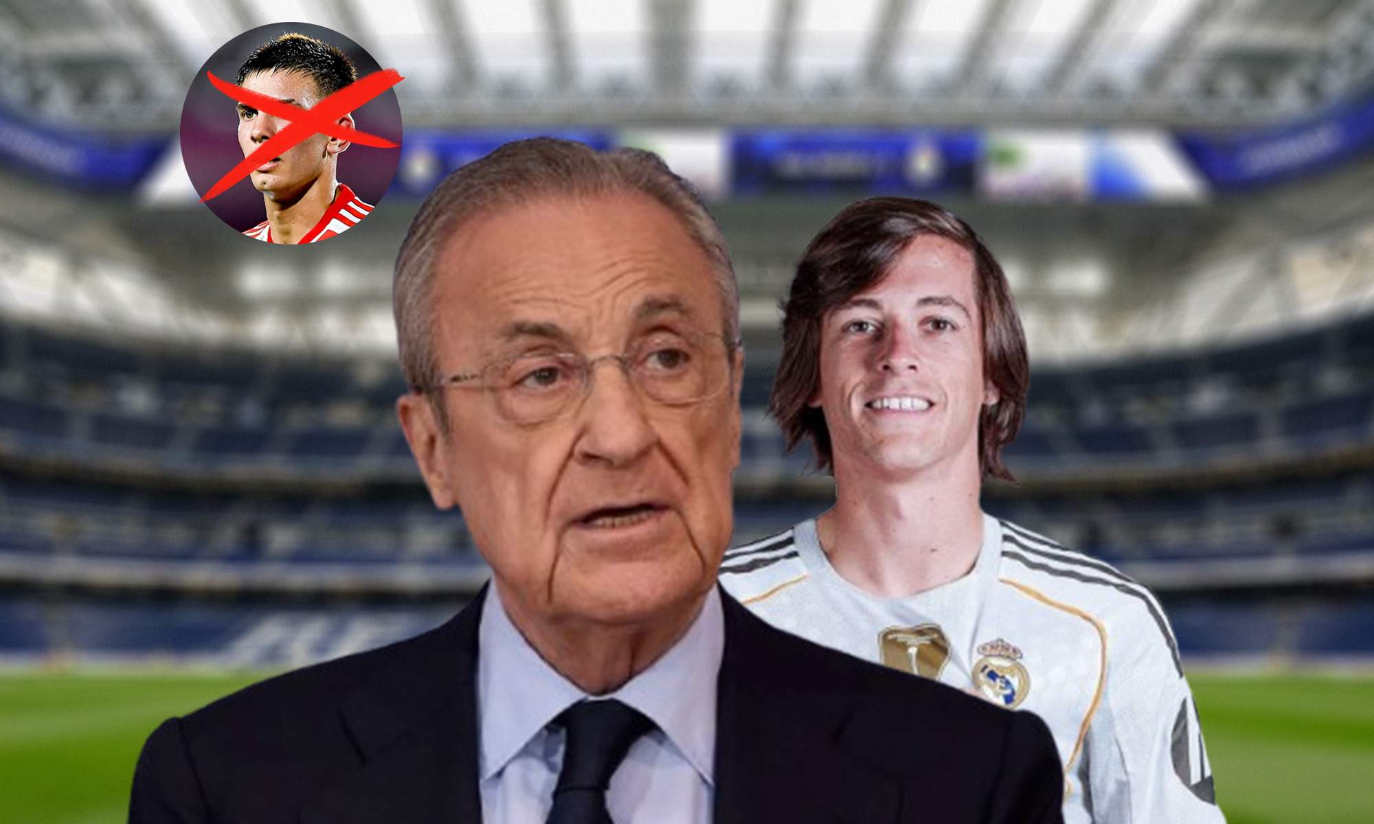Florentino Pérez, Franco Mastantuono y Álvaro Carreras.