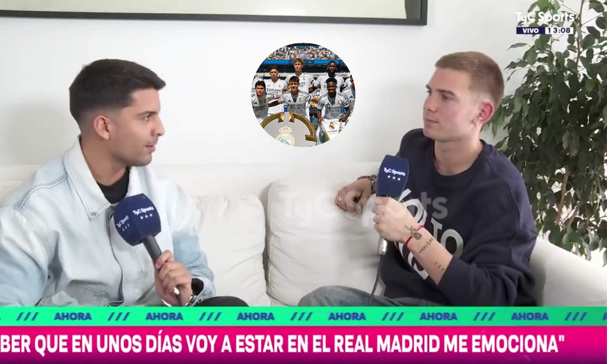 Franco Mastantuono en una entrevista con TyC Sports y una foto de los jugadores del Real Madrid.