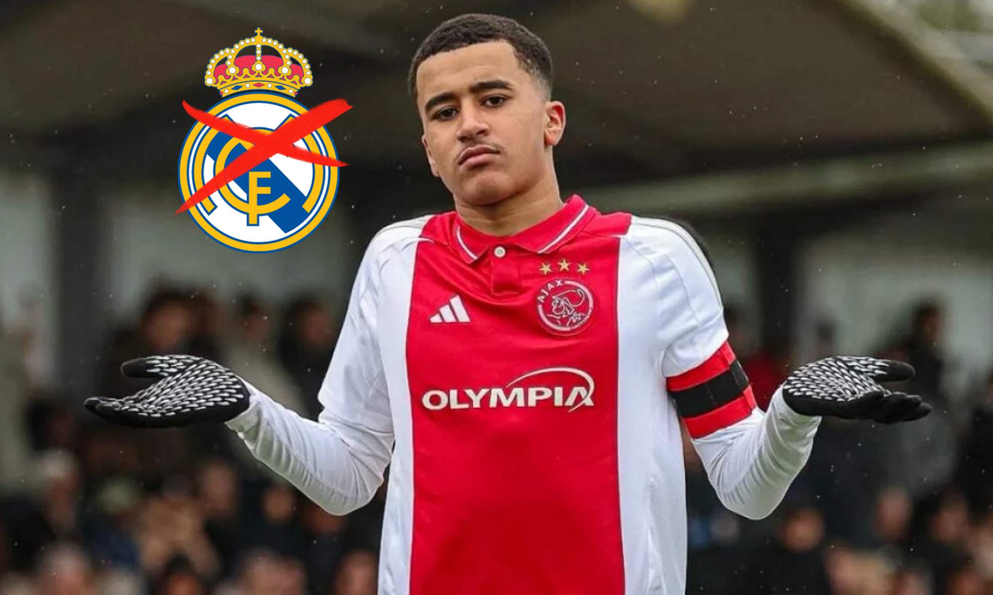 Abdellah Ouazane y escudo del Real Madrid tachado.