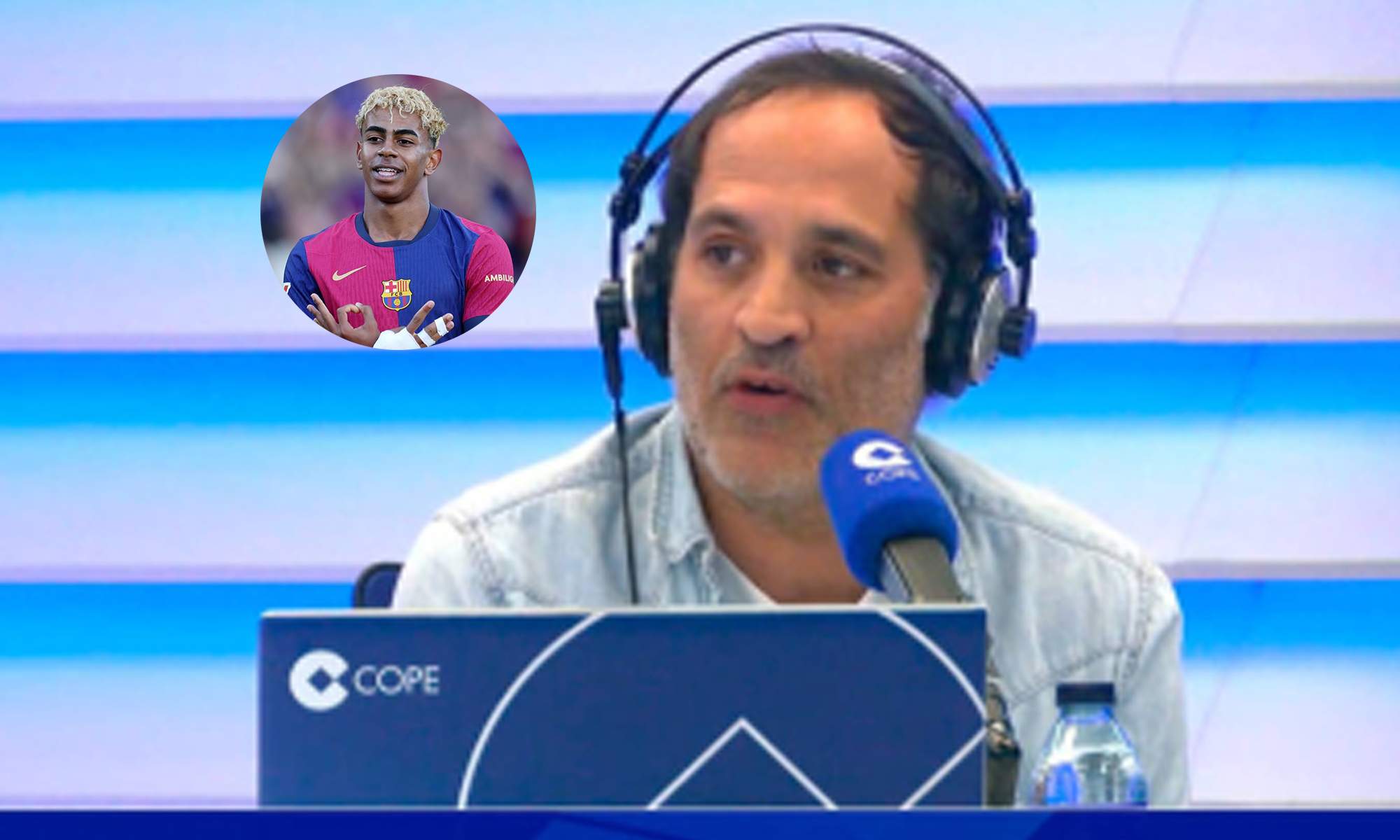 David Sánchez y una foto de Lamine Yamal jugando con el Barcelona. 