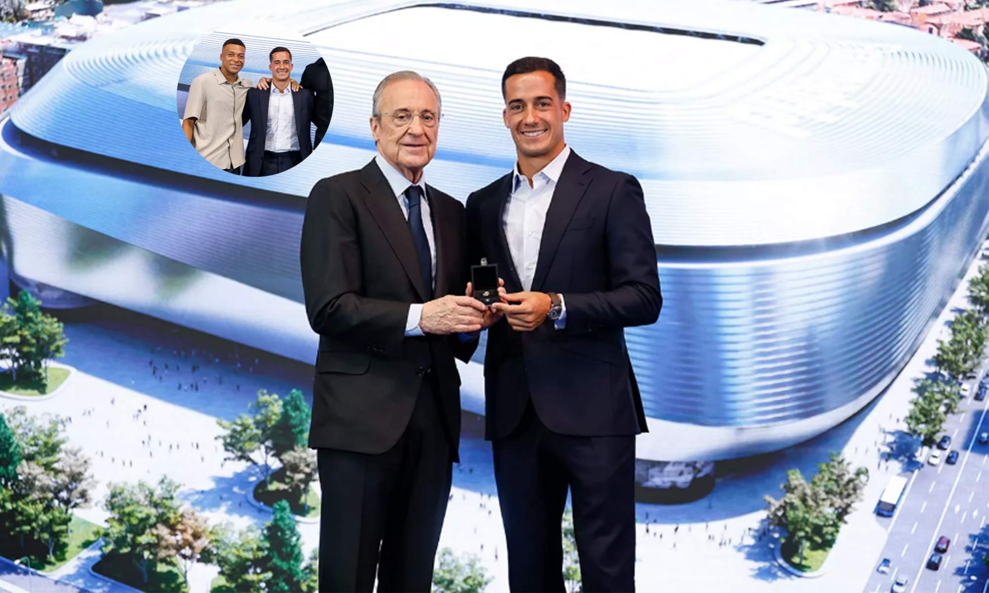 Florentino Pérez y Kylian Mbappé en la despedida de Lucas Vázquez.