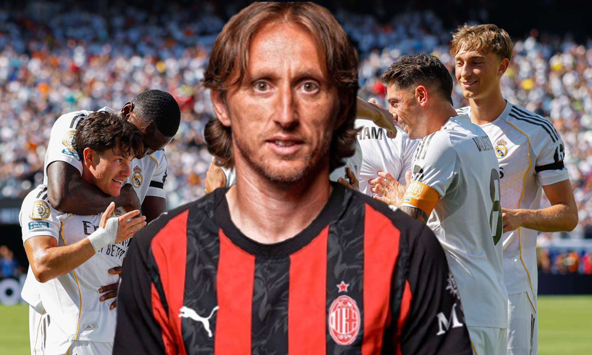 Luka Modric con la camiseta del Milan y jugadores del Real Madrid. Luka Modric con la camiseta del Milan y jugadores del Real Madrid.