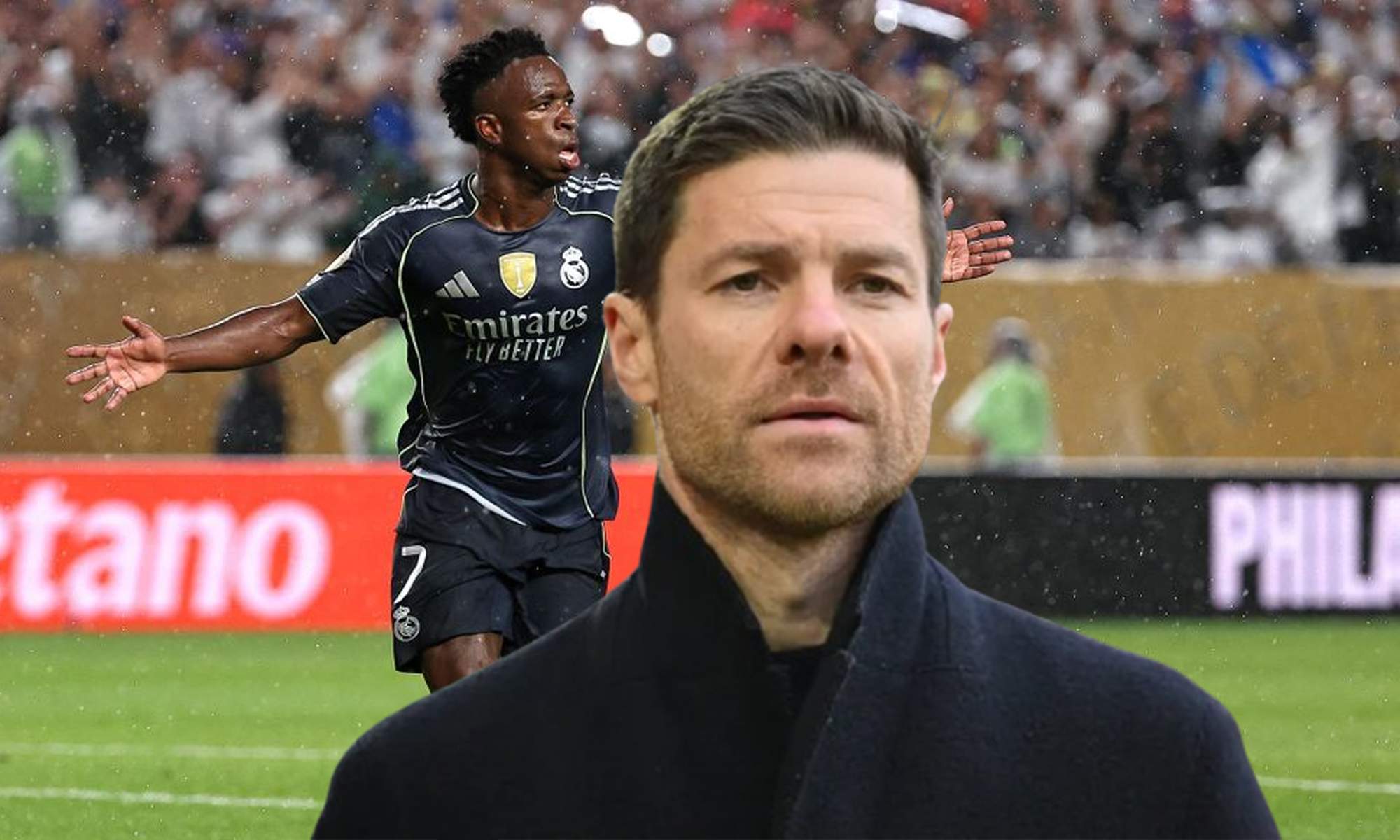 Xabi Alonso y una foto de Vinícius Júnior.