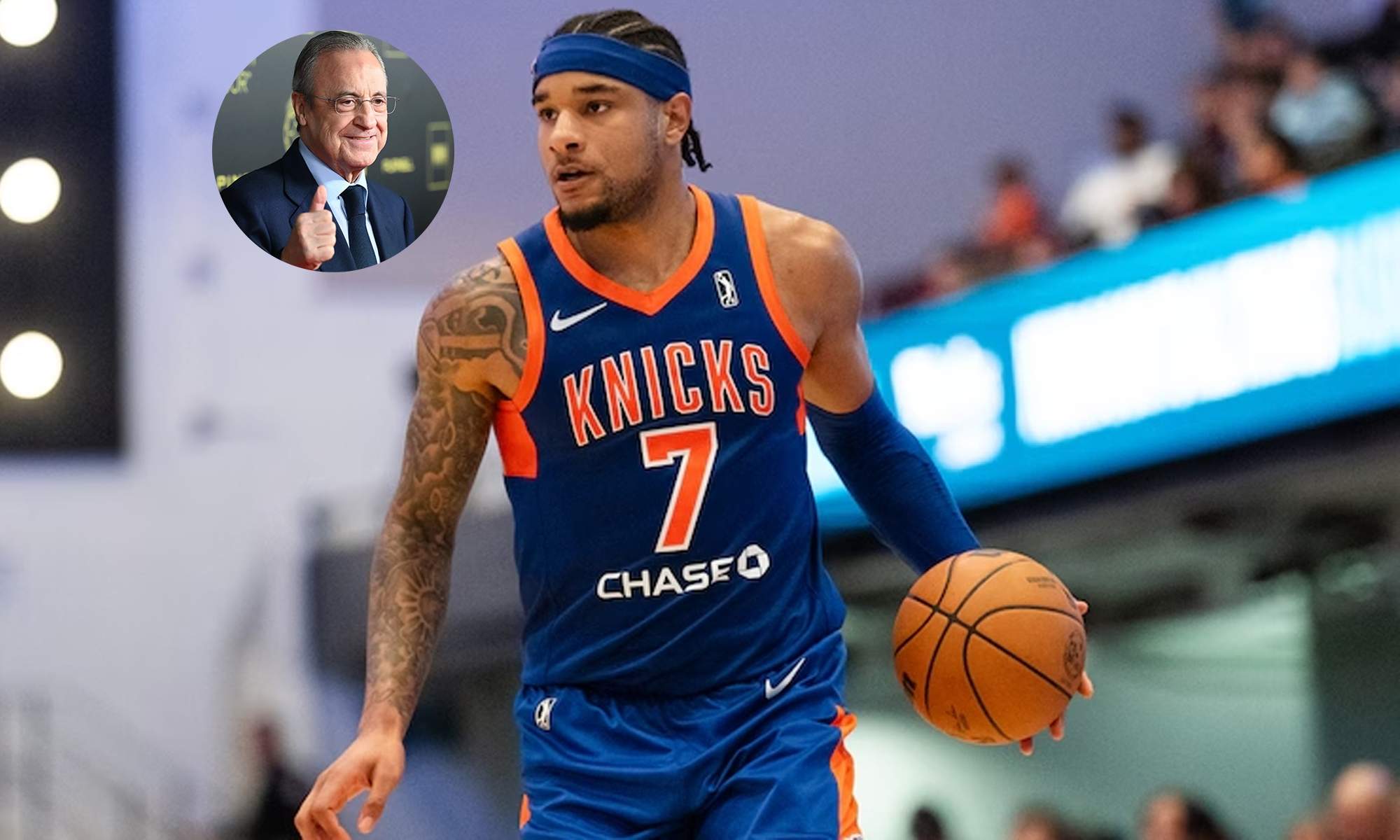Chuma Okeke jugando un partido y una foto de Florentino Pérez.
