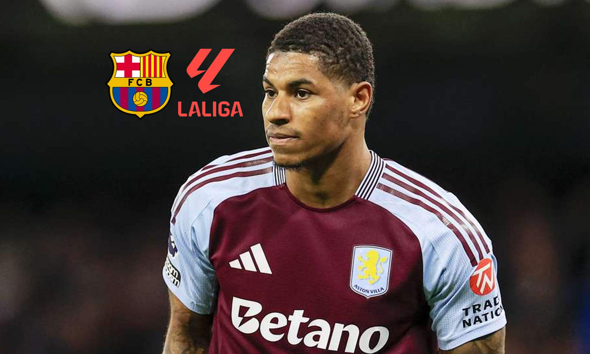 Marcus Rashford jugando con el Aston Villa y los escudos del Barcelona y LaLiga.