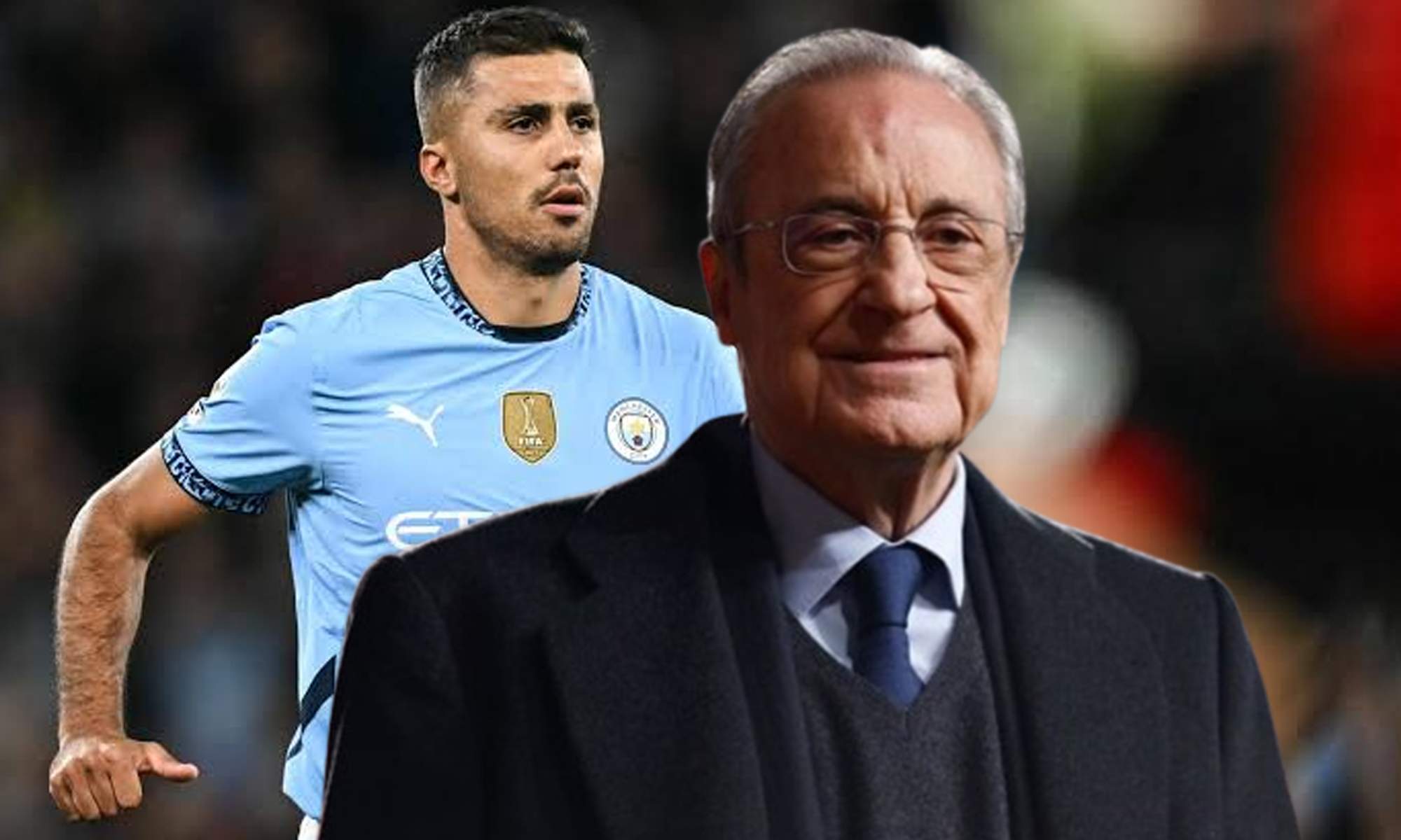Florentino Pérez y una foto de Rodri jugando con el Manchester City. 