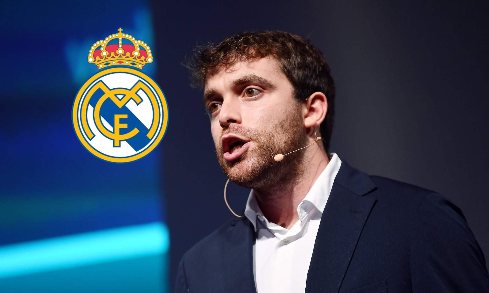 Fabrizio Romano y un escudo del Real Madrid. 