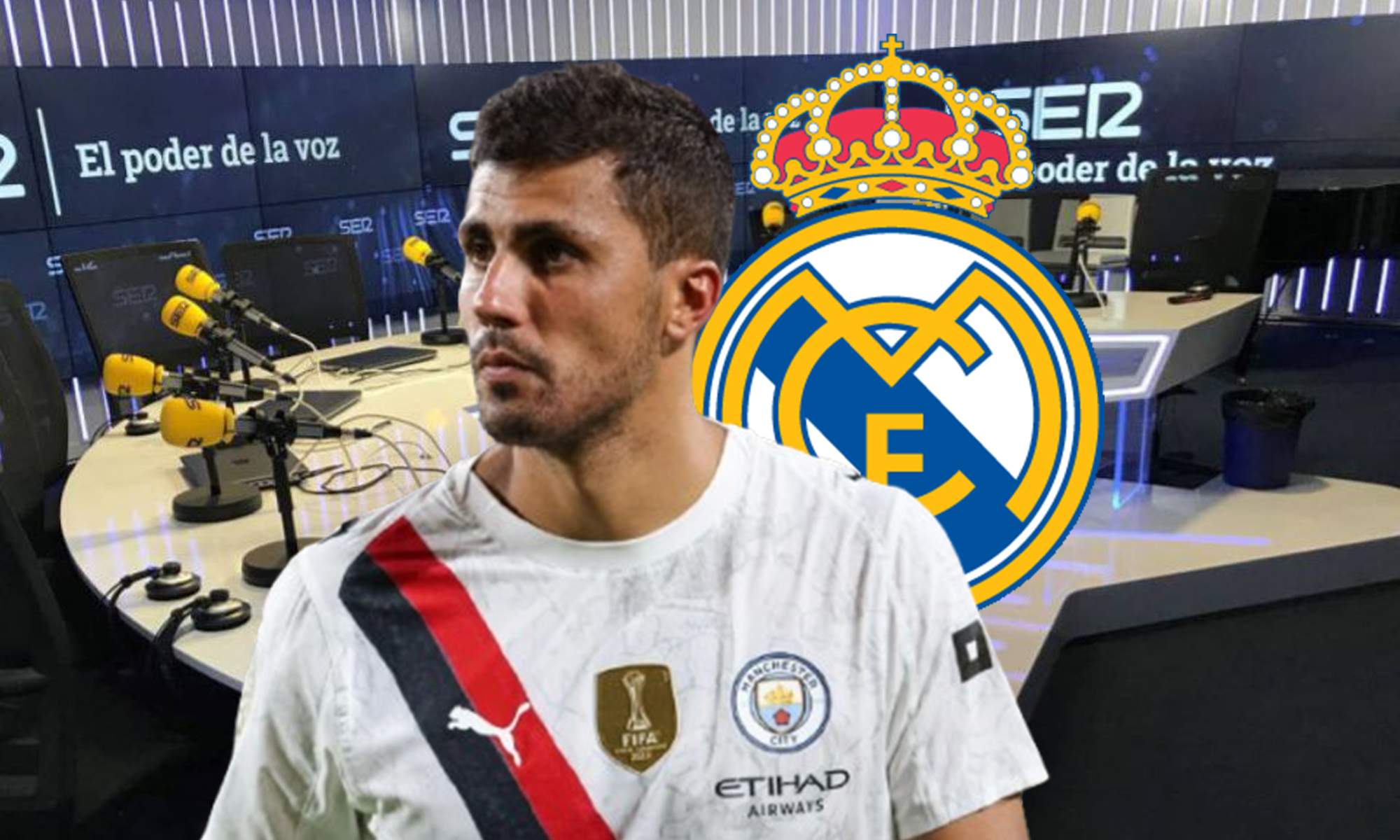 Rodri Hernández, escudo del Real Madrid y estudio de La SER.