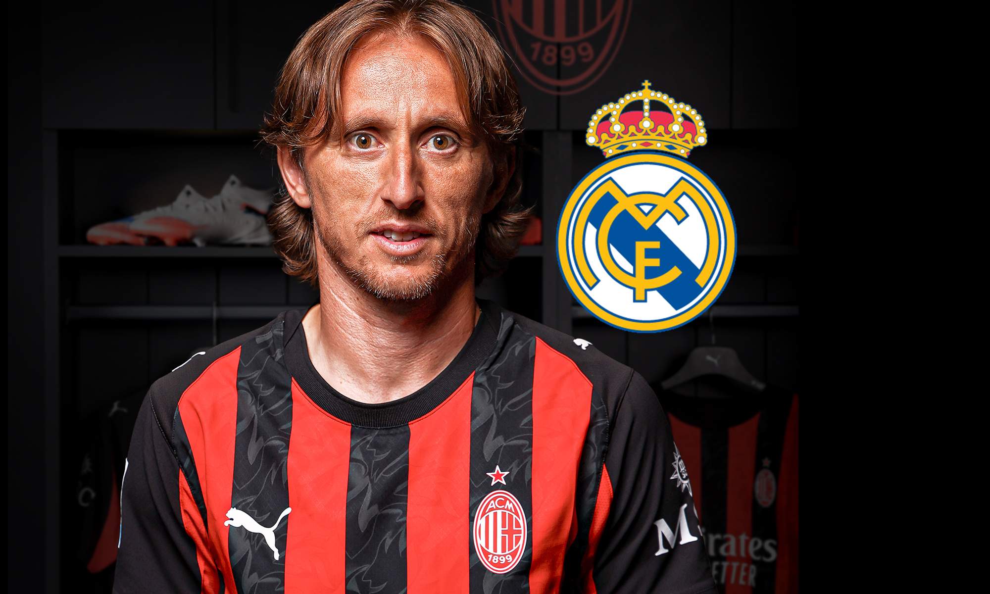 Luka Modric con la camiseta del Milan y un escudo del Real Madrid. 
