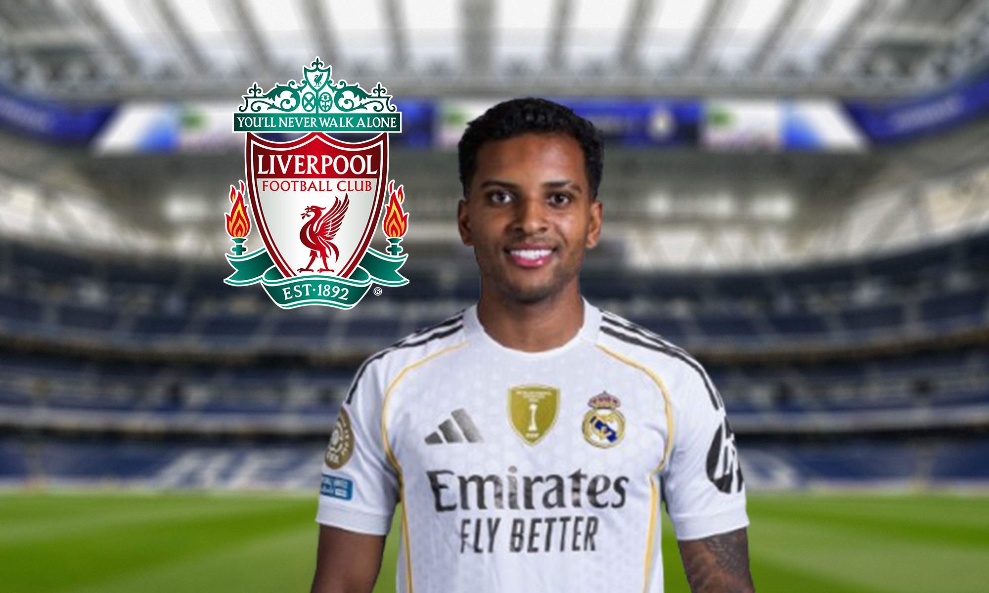 Rodrygo Goes, escudo del Liverpool y el Santiago Bernabéu.