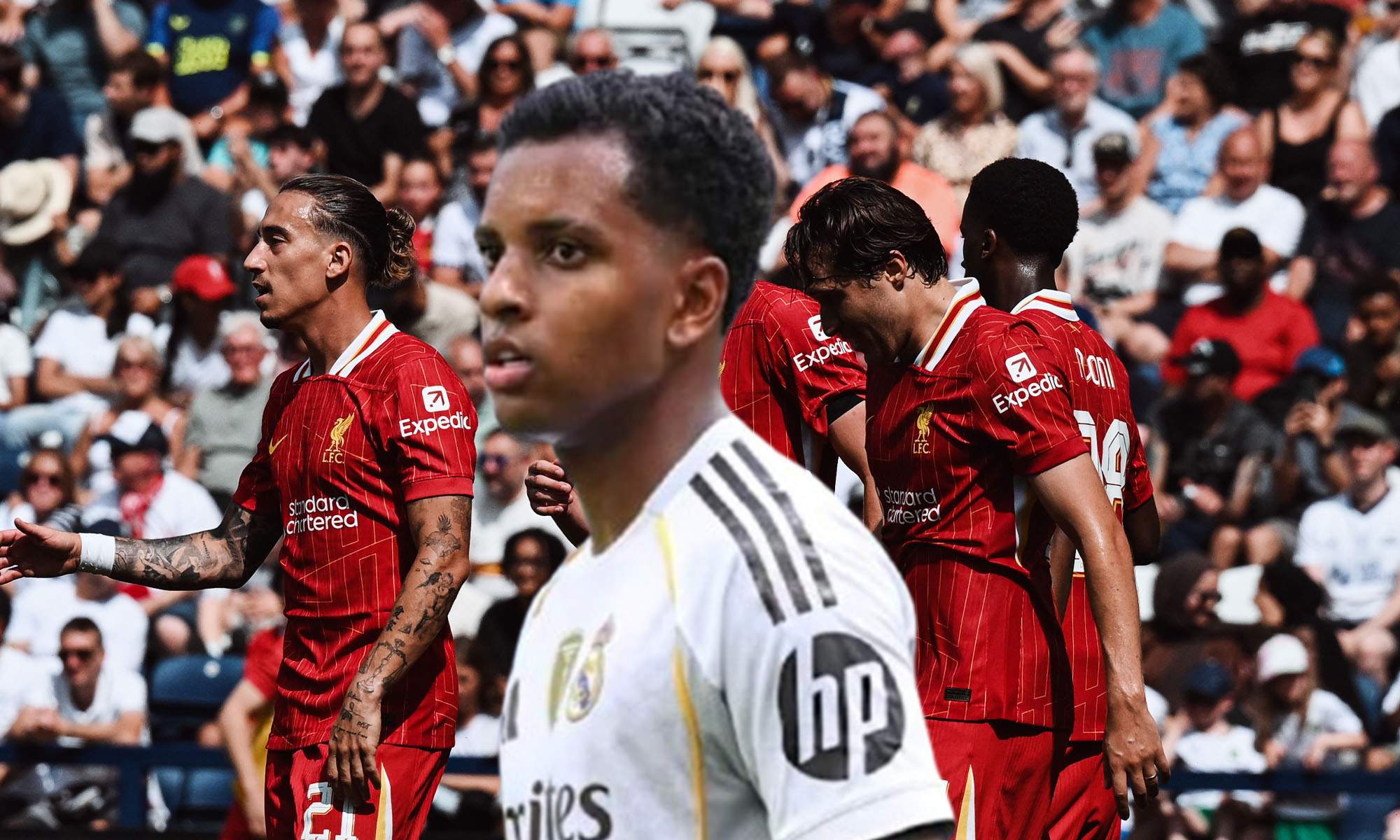 Rodrygo Goes y varios jugadores del Liverpool.