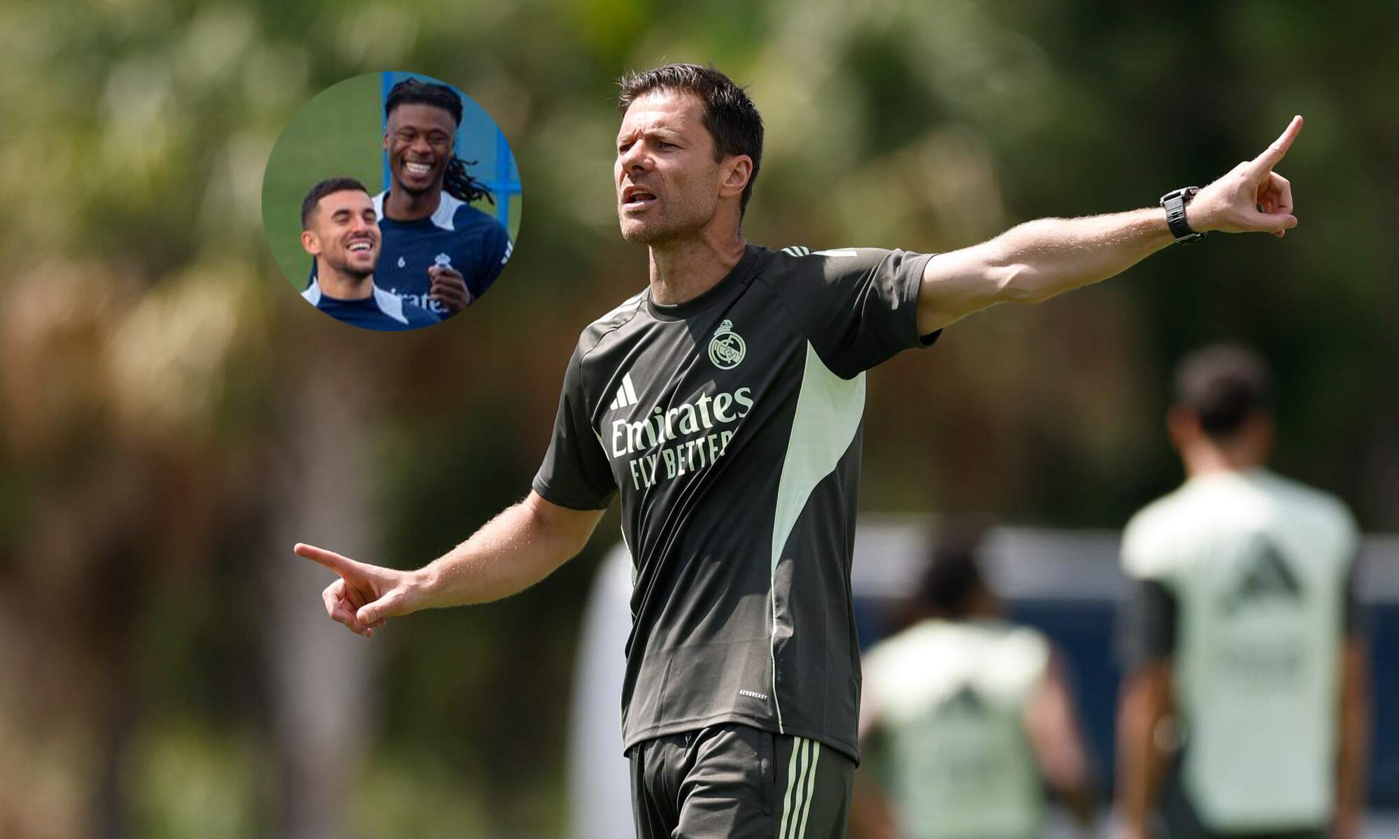 Xabi Alonso dirigiendo un entrenamiento y una foto de Ceballos y Camavinga.