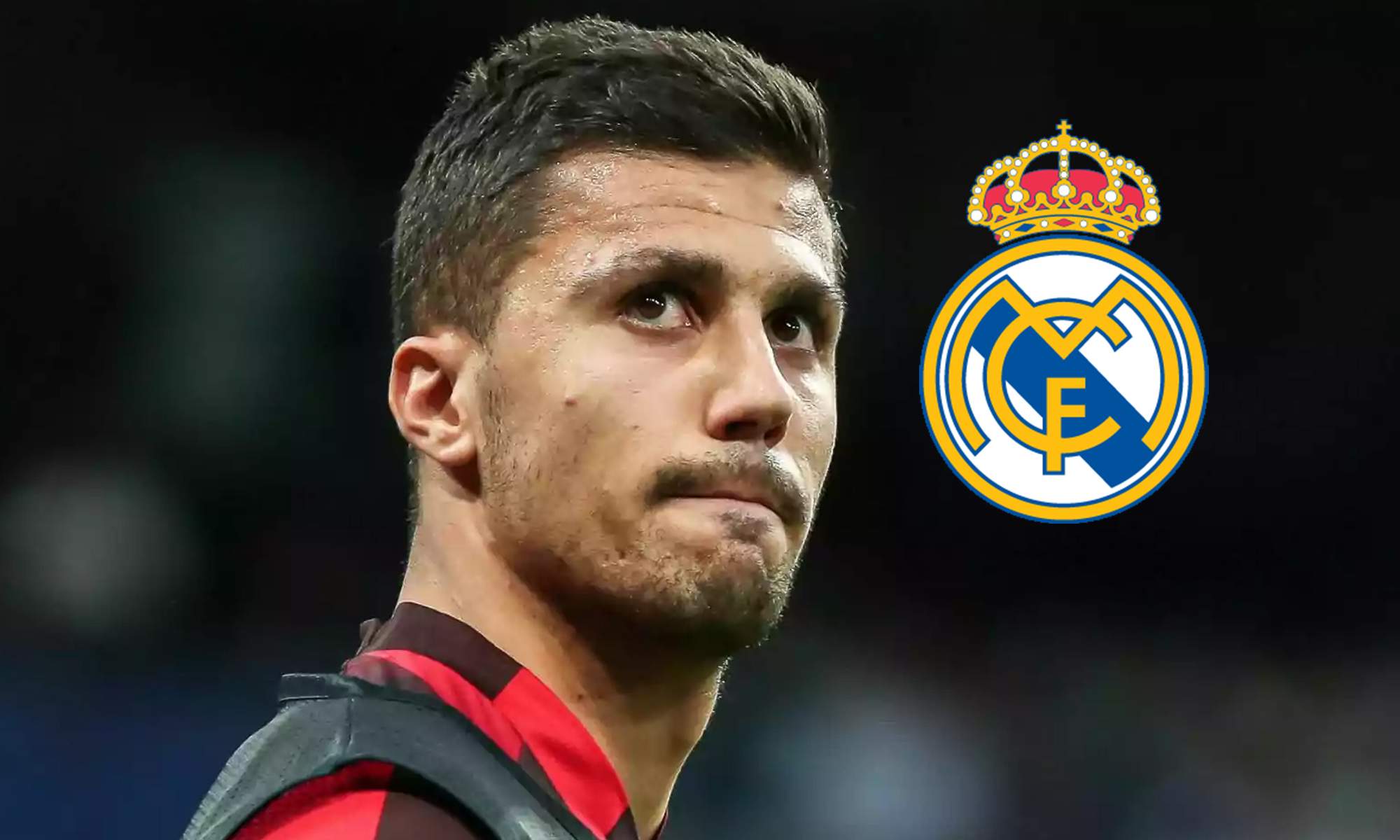 Rodri Hernández y un escudo del Real Madrid.