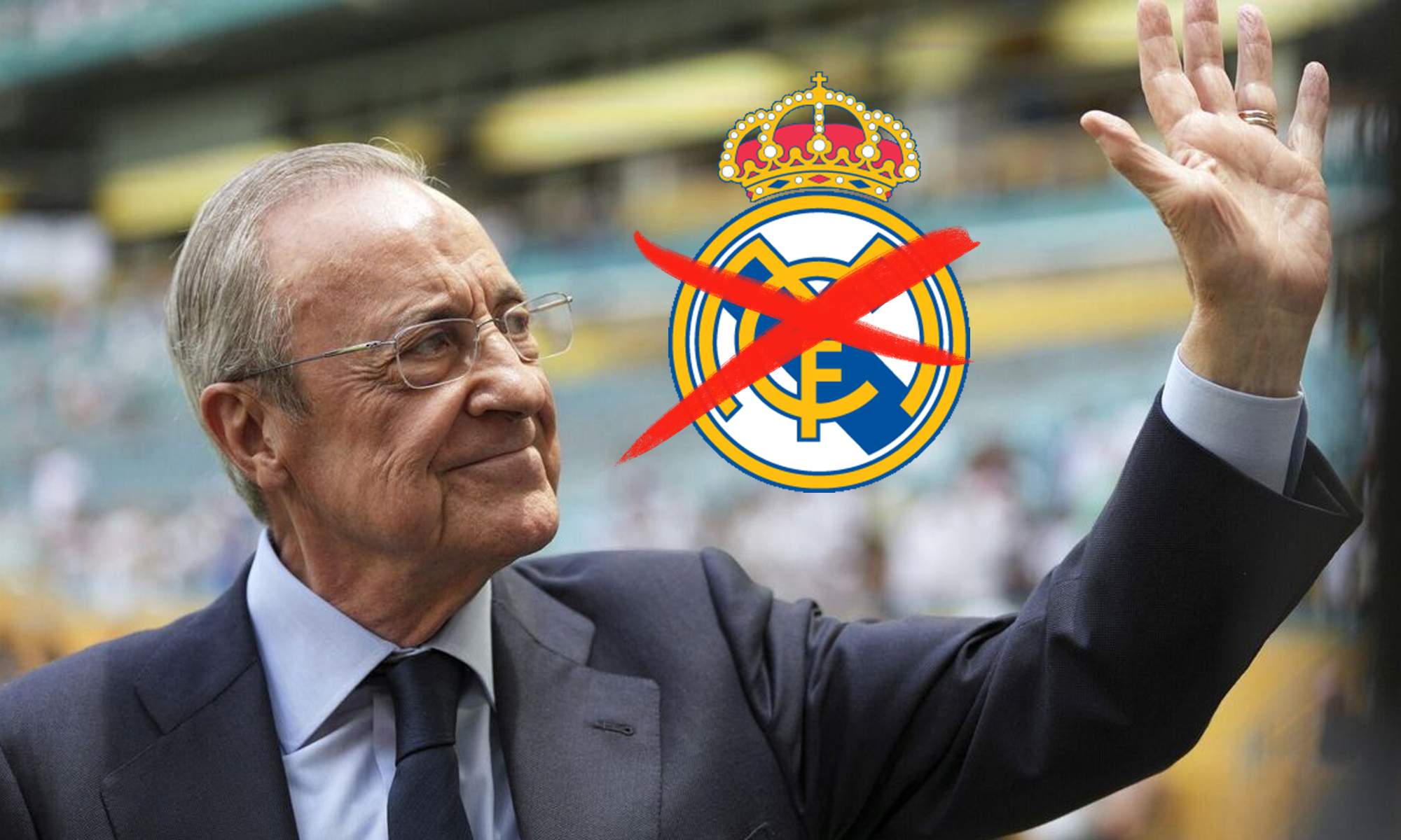 Florentino Pérez y el escudo del Real Madrid tachado.