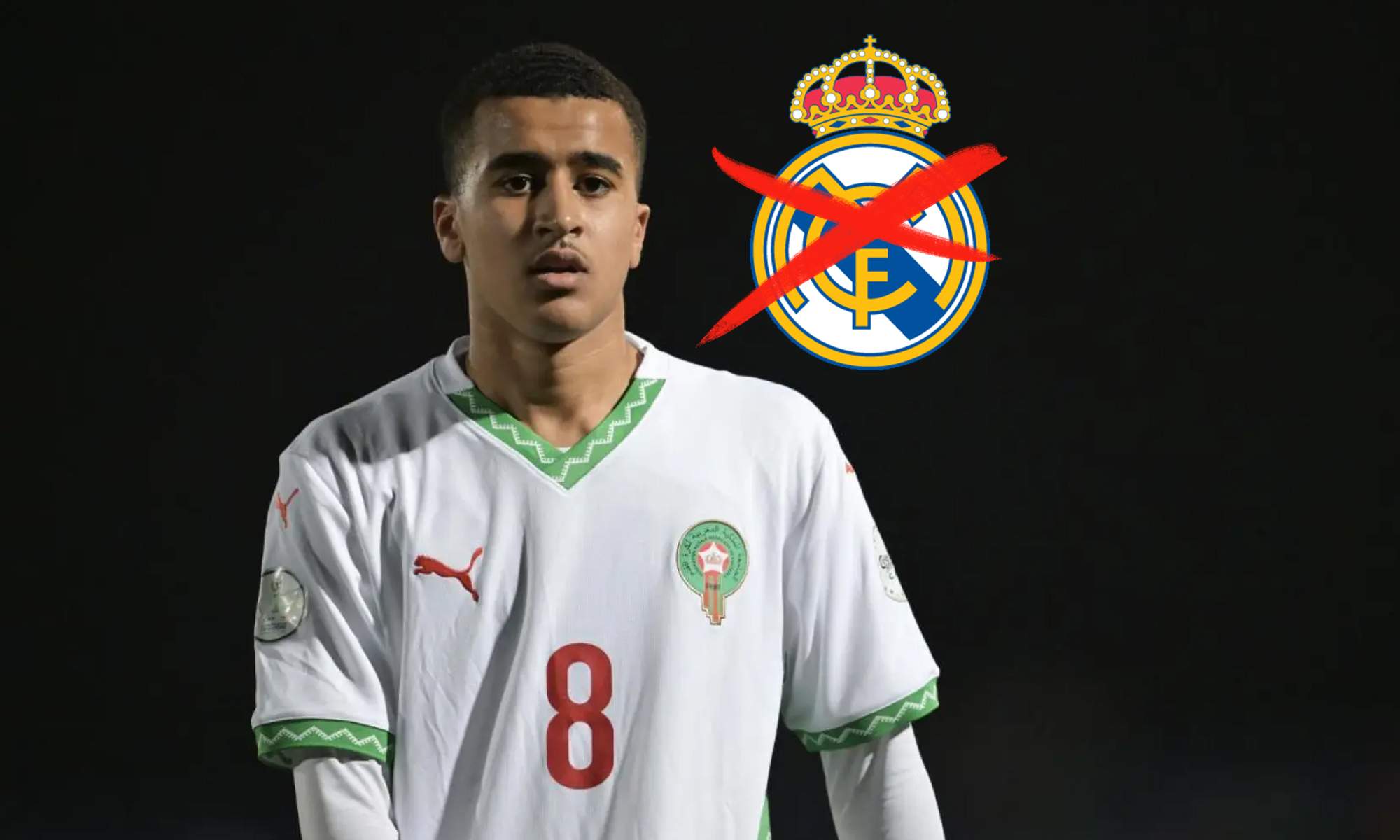 Abdellah Ouazane y escudo del Real Madrid tachado.