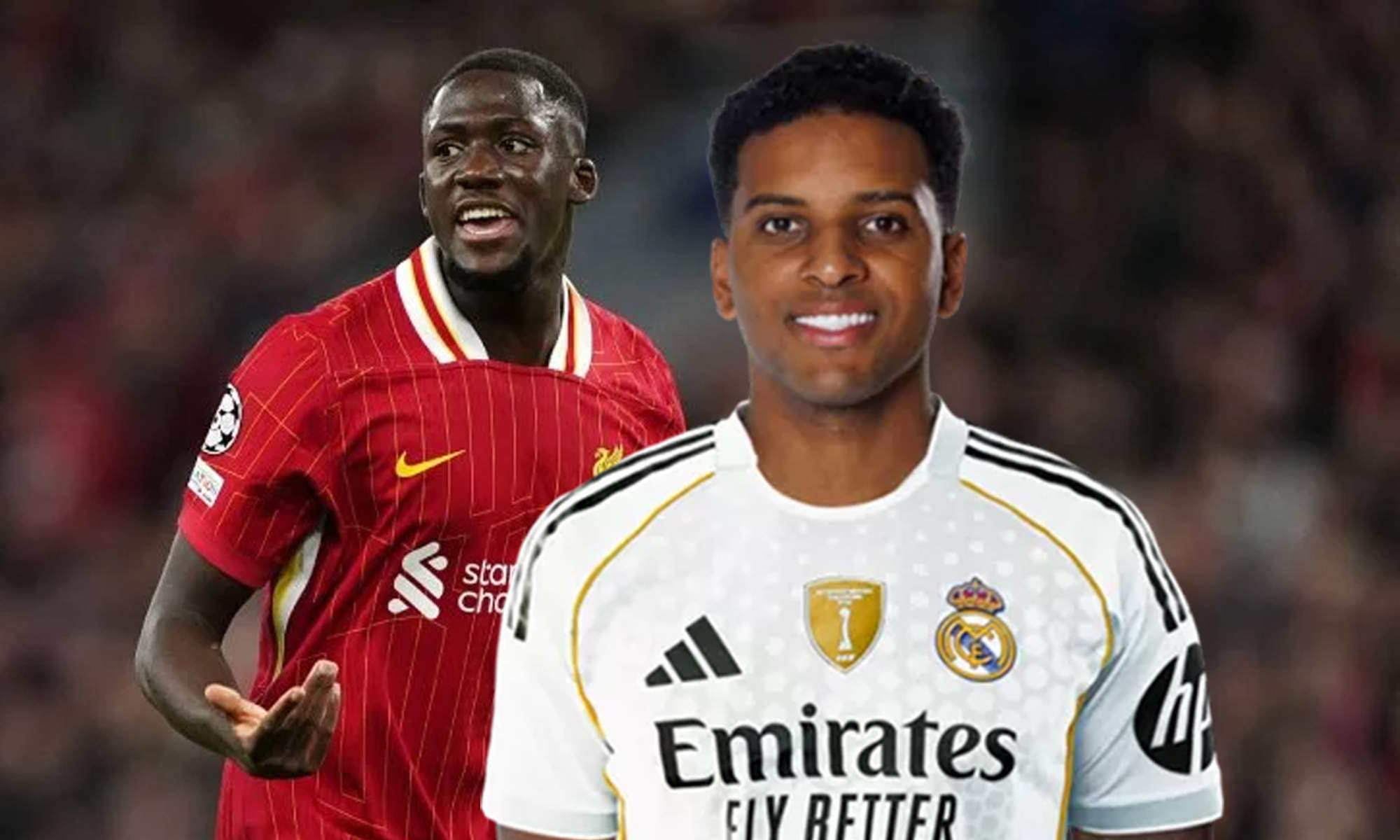 Ibrahima Konaté jugando con el Liverpool y una foto de Rodrygo Goes.