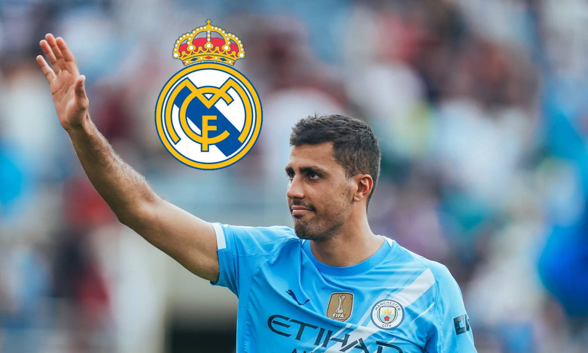 Rodri Hernández y un escudo del Real Madrid.