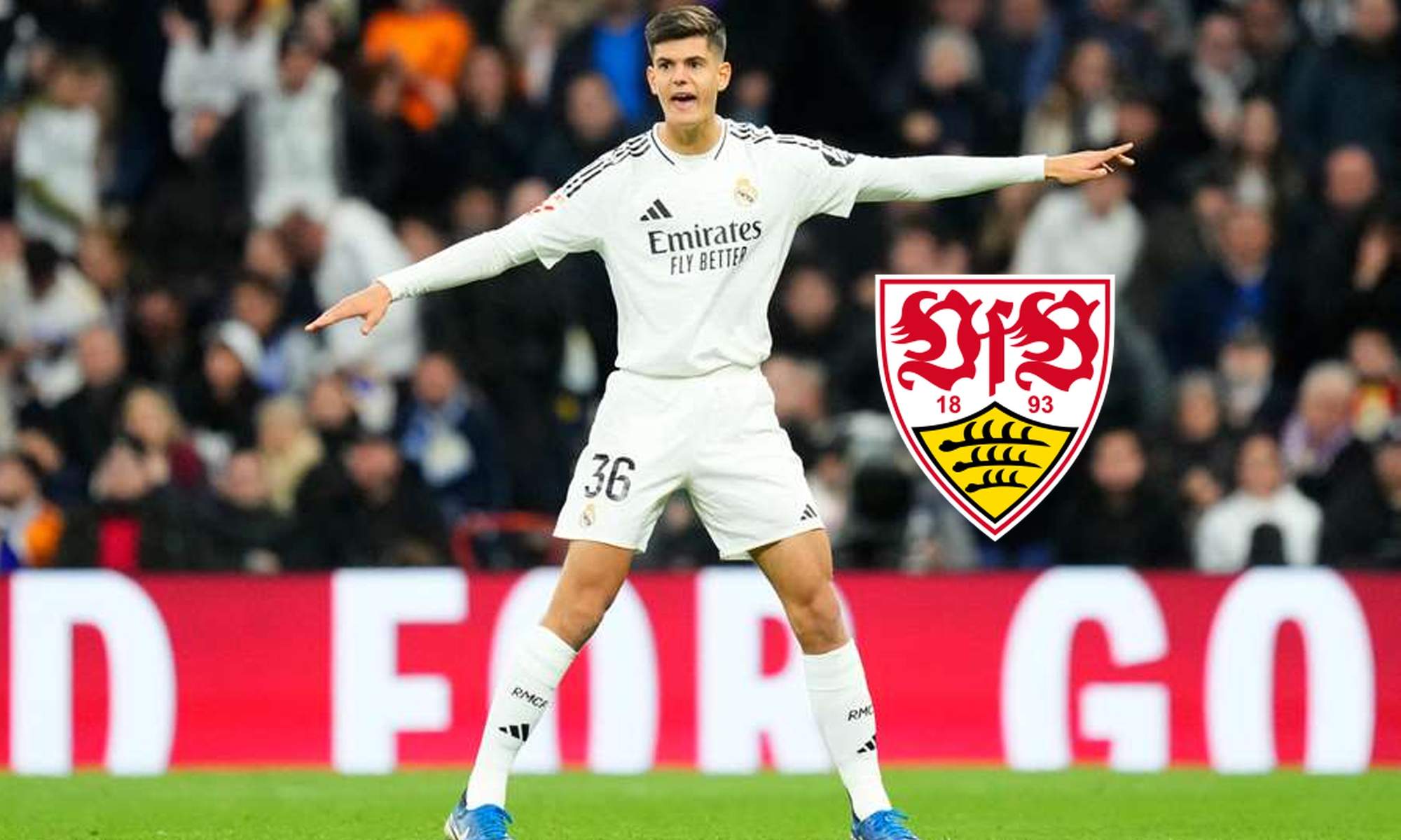 Chema Andrés jugando con el Real Madrid y el escudo del Stuttgart.