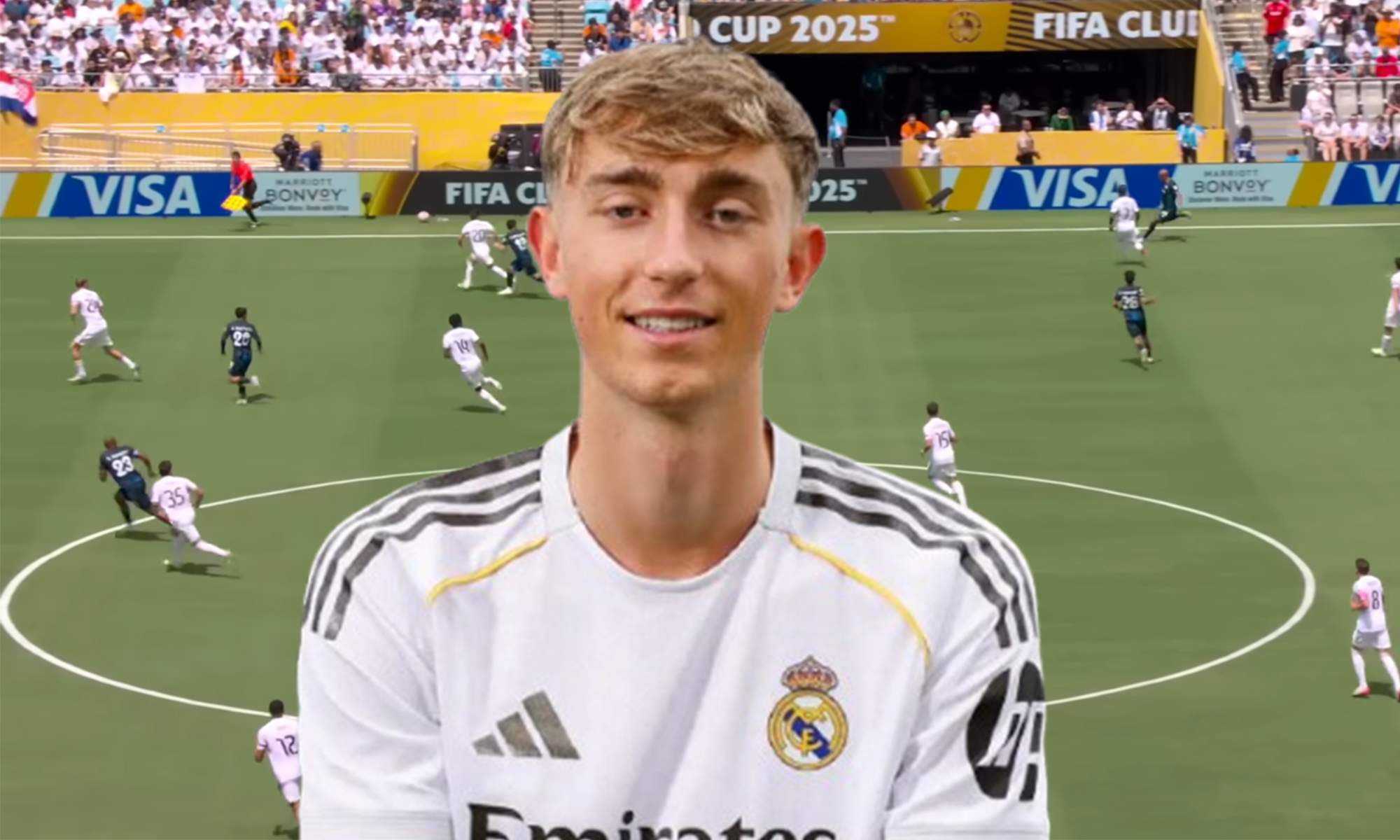 Dean Huijsen y una captura del enfrentamiento entre el Real Madrid y el Pachuca en el Mundial.