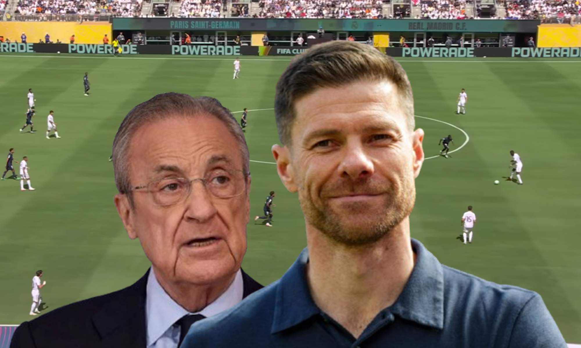 Florentino Pérez, Xabi Alonso y una captura del último PSG - Real Madrid.