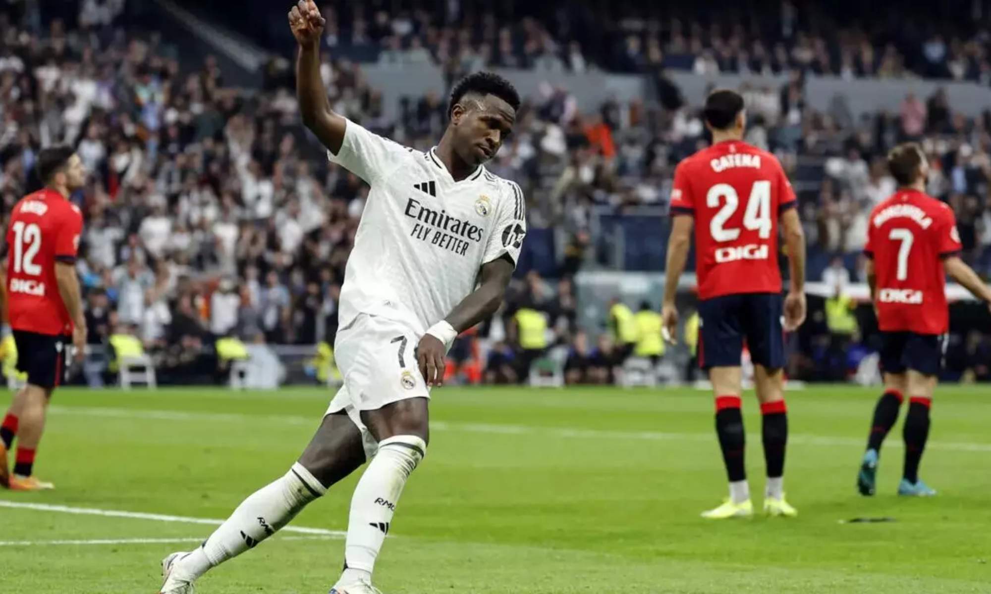 Vinicius Junior, celebrando un gol contra Osasuna en el partido liguero que se jugó en el Santiago Bernabéu el año pasado.