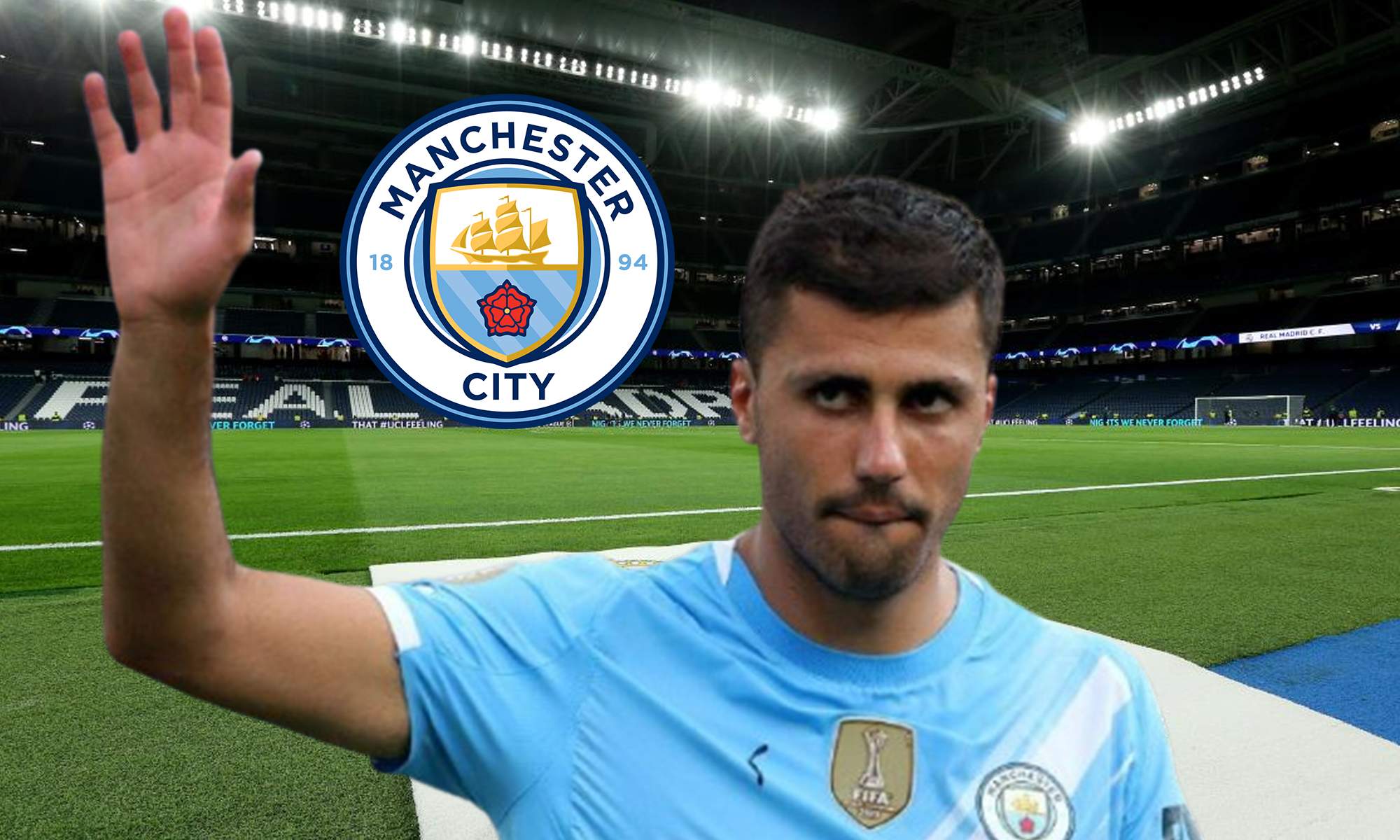 Rodri Hernández y el escudo del Manchester City.