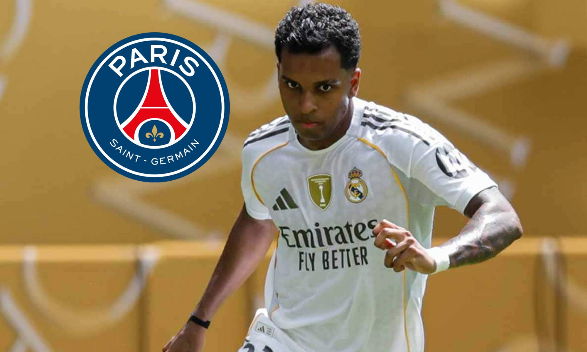 Rodrygo Goes jugando un partido con el Real Madrid y el escudo del Paris Saint-Germain. 
