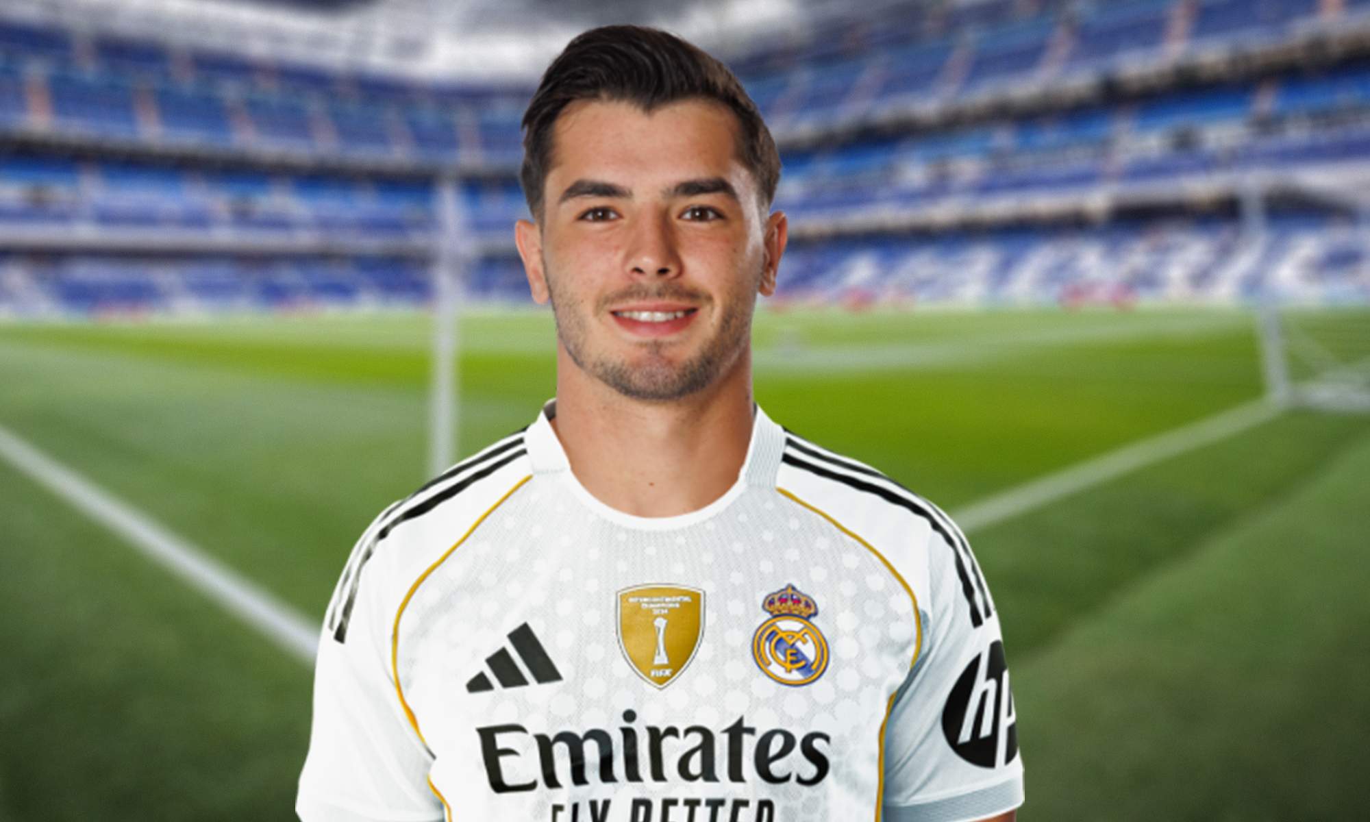 Brahim Díaz con la nueva camiseta del Real Madrid y el Santiago Bernabéu. 