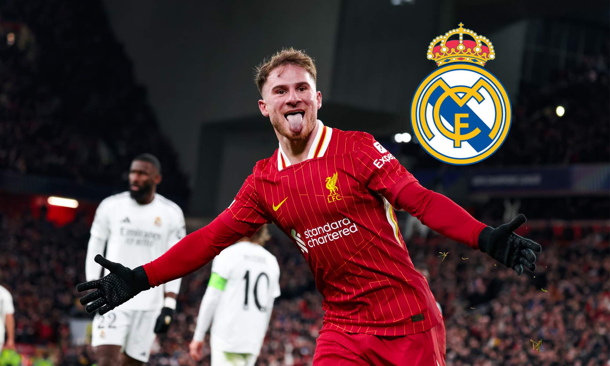 Mac Allister y un escudo del Real Madrid. 