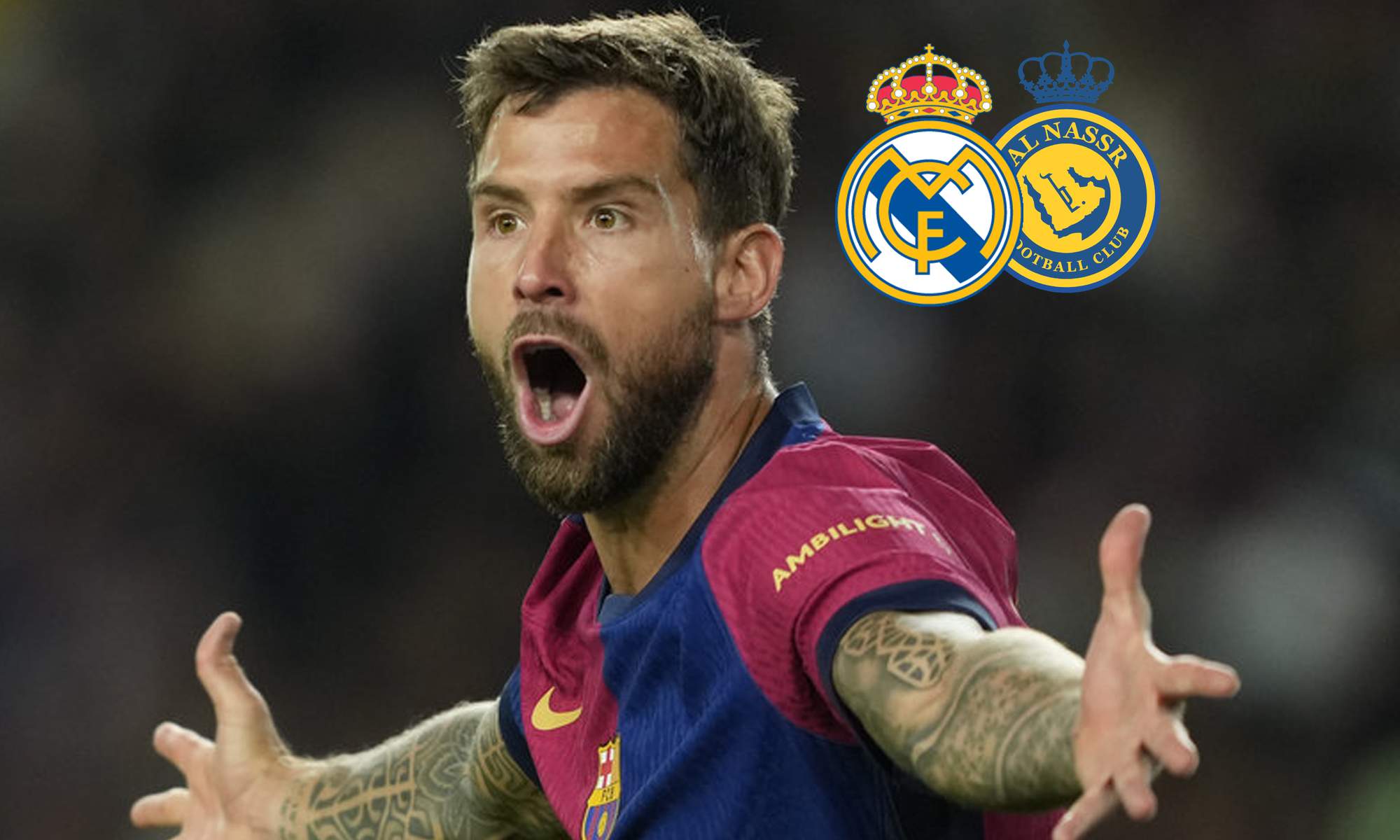 Íñigo Martínez jugando con el Barcelona y los escudos del Real Madrid y el Al Nassr.