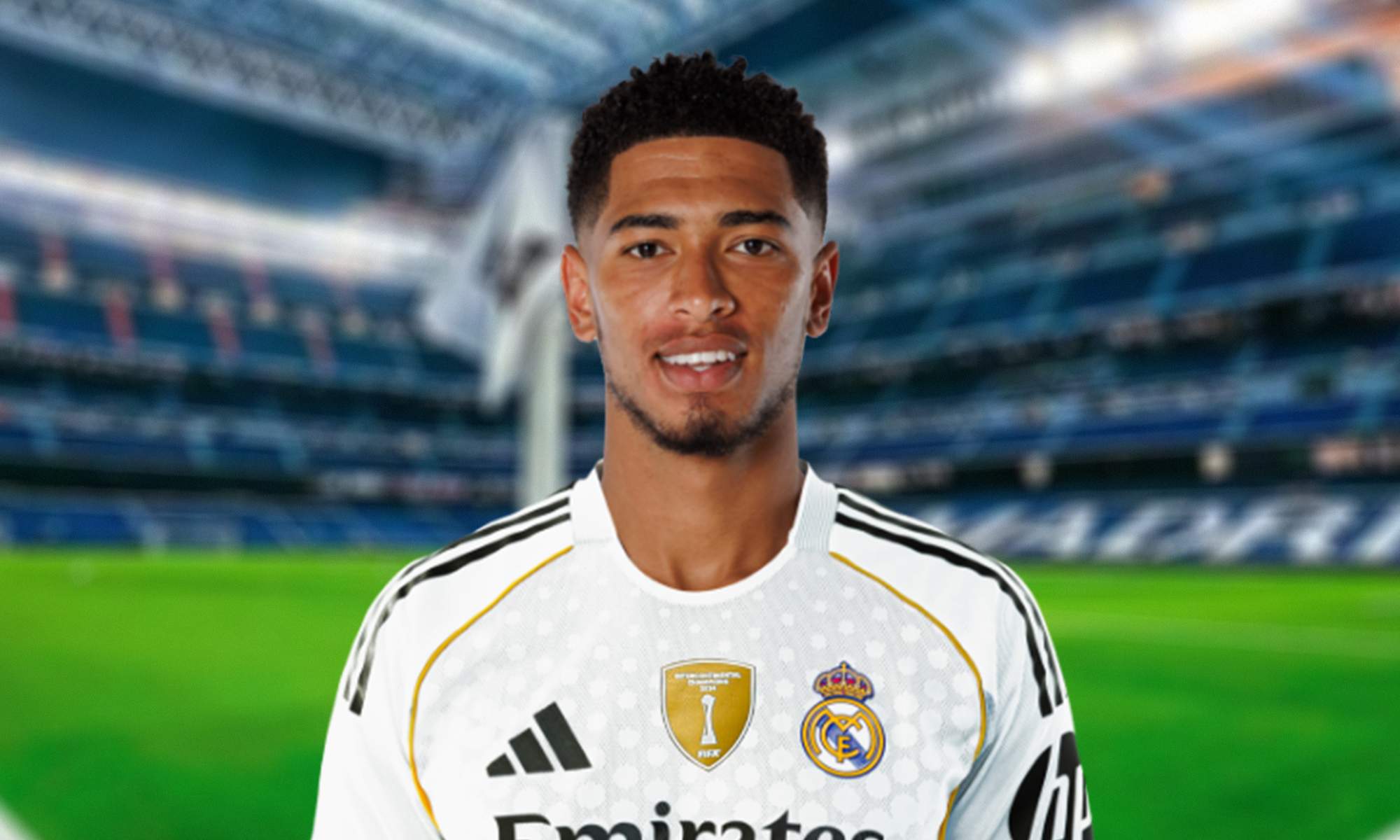 Jude Bellingham con la camiseta del Real Madrid y el Santiago Bernabéu. 