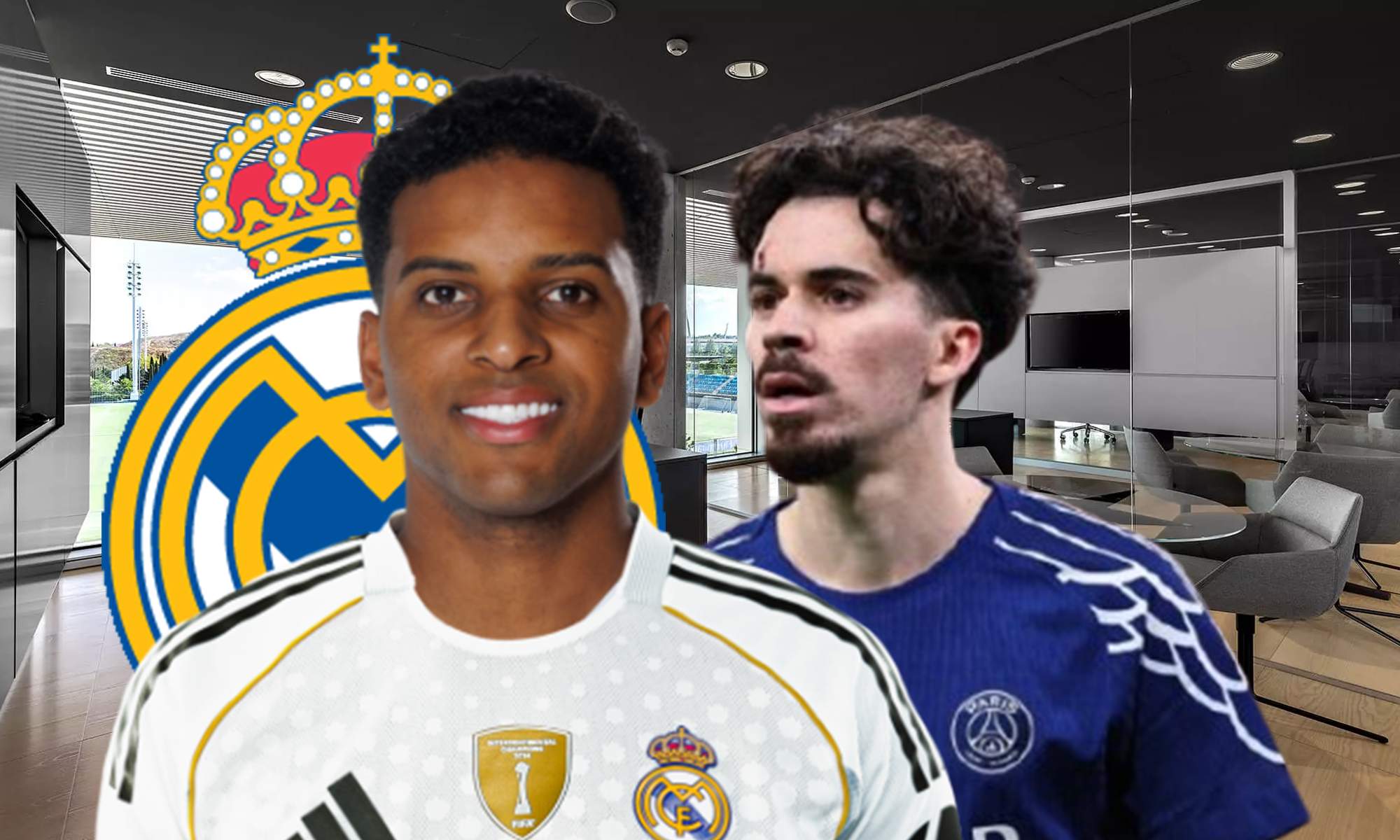 Rodrygo Goes, Vitinha y un escudo del Real Madrid.