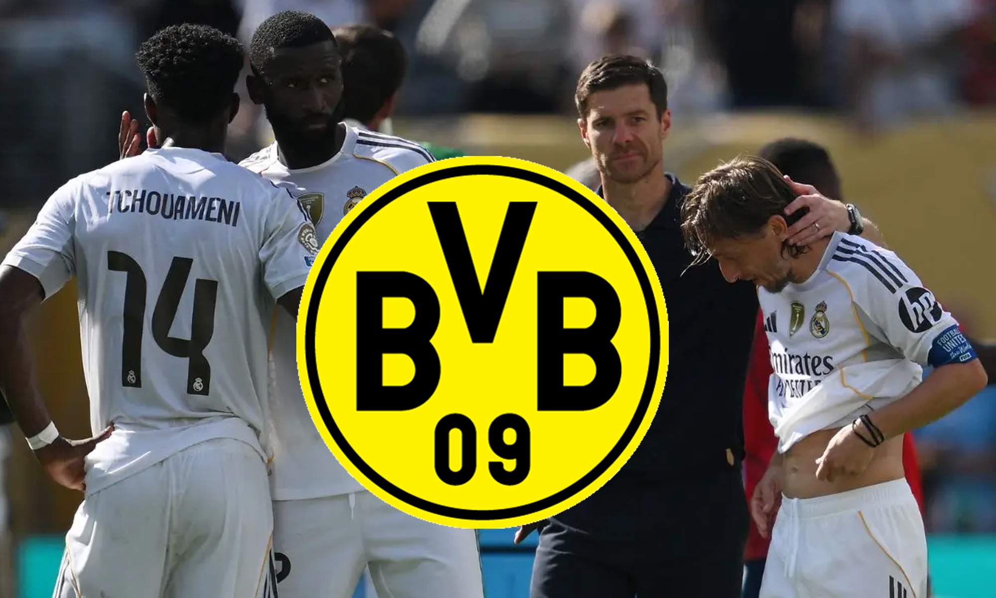 Escudo del Borussia Dortmund, Xabi Alonso y jugadores del Real Madrid. 