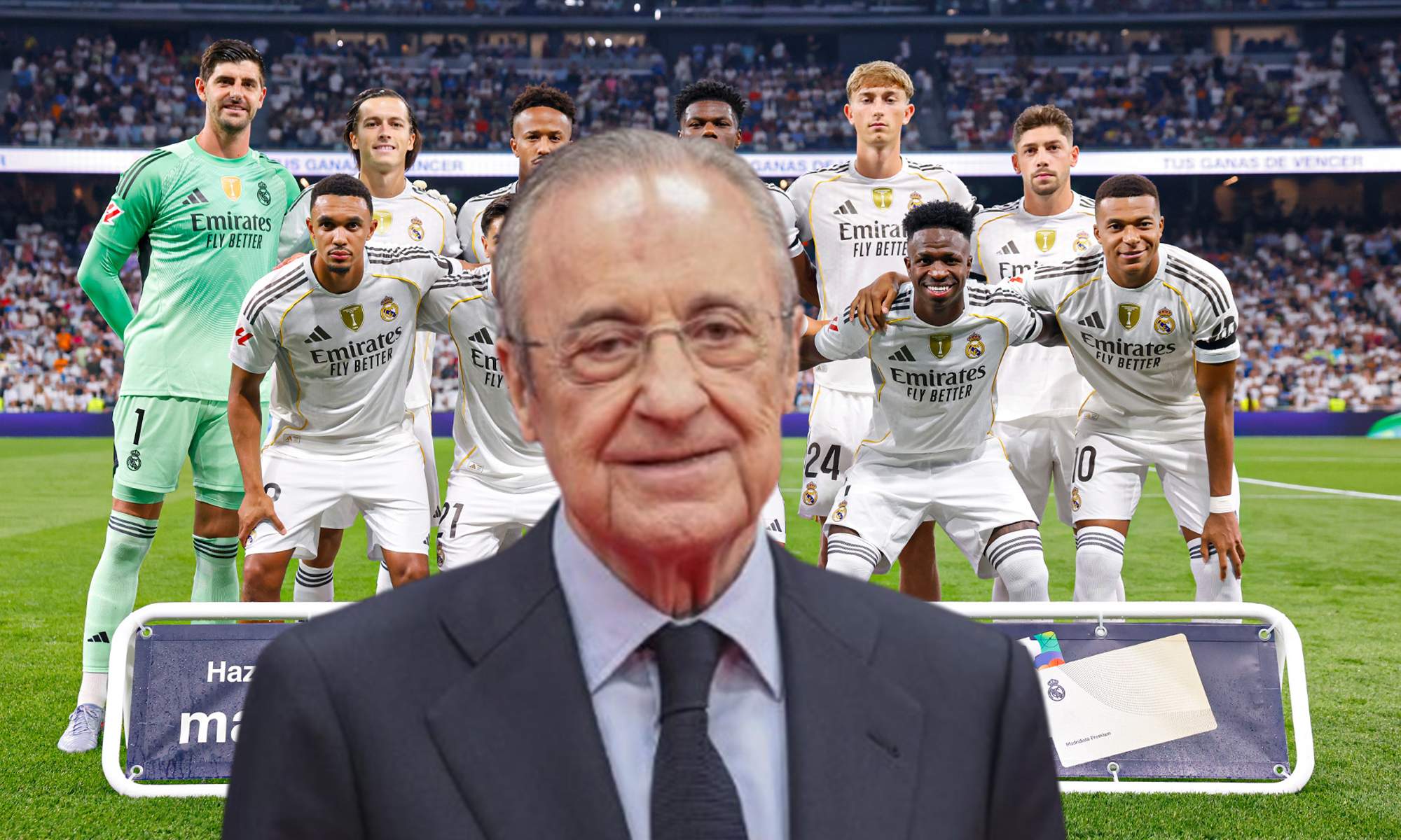 Florentino Pérez y el once del Real Madrid contra el Osasuna.