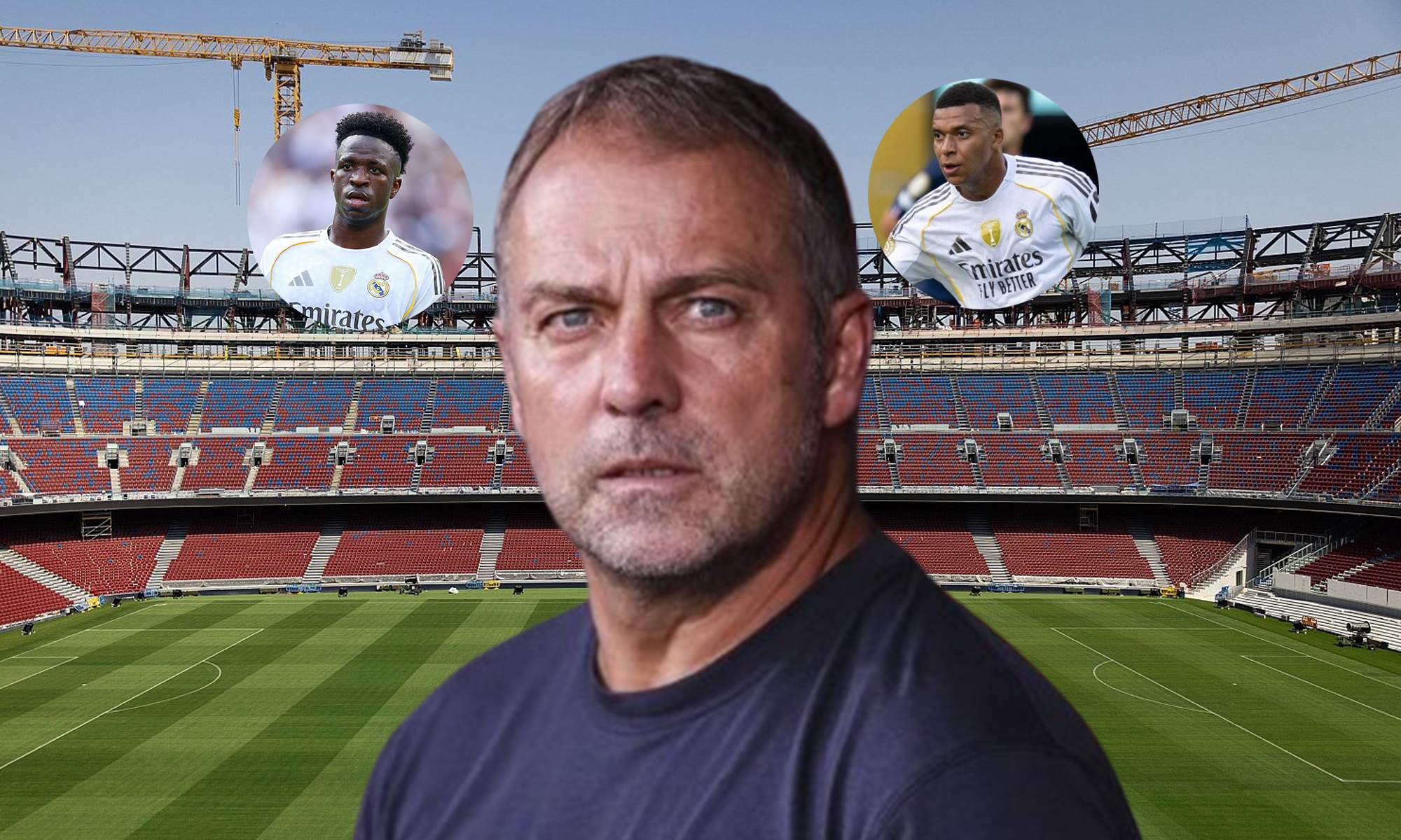 Hansi Flick y una foto de Vinícius Júnior y Kylian Mbappé. 