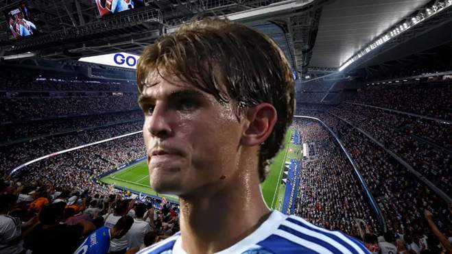 Nico Paz y una foto del Santiago Bernabéu.