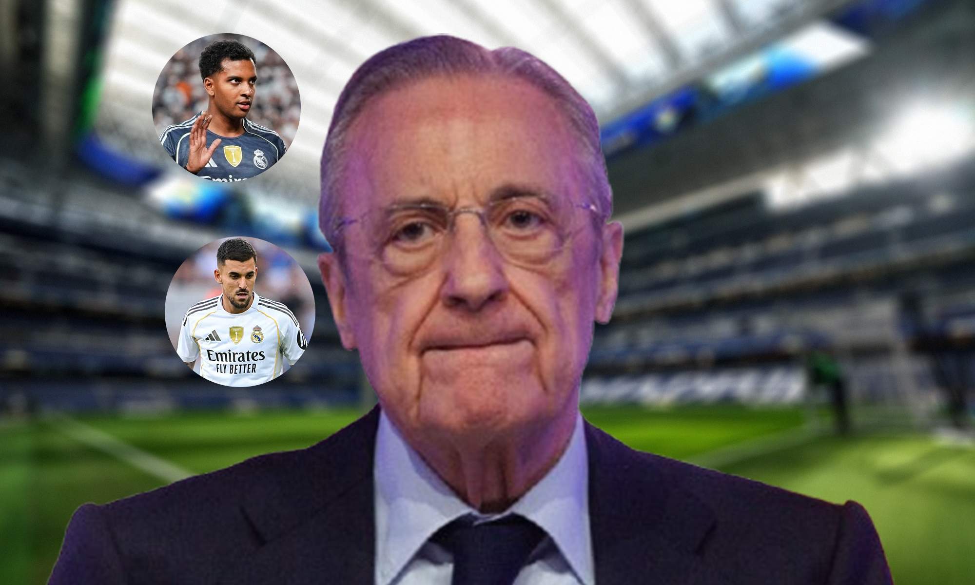Florentino Pérez y una foto de Rodrygo Goes y Dani Ceballos.