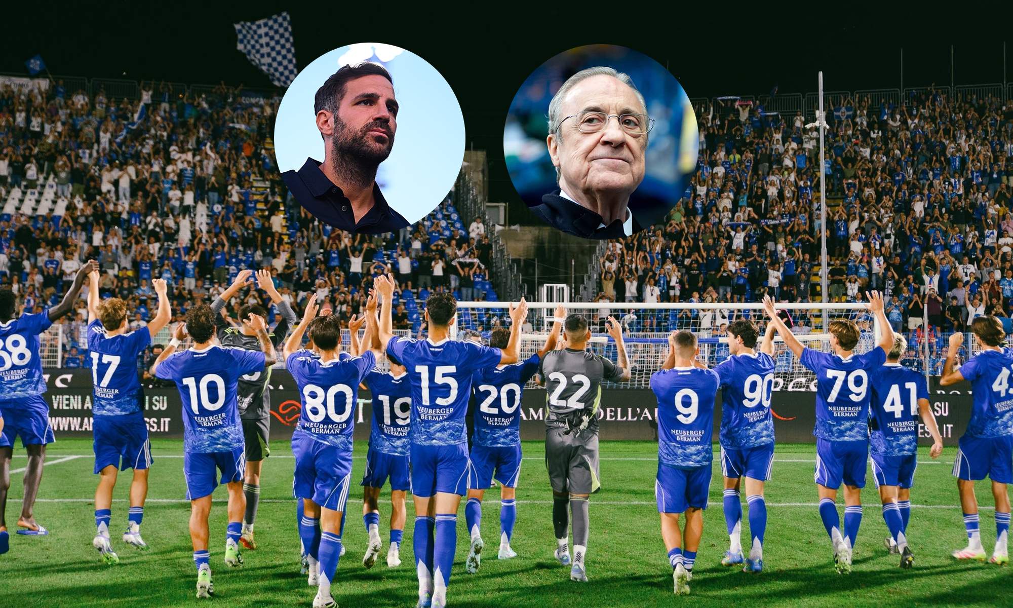 Cesc Fábregas, Florentino Pérez y jugadores del Como. 