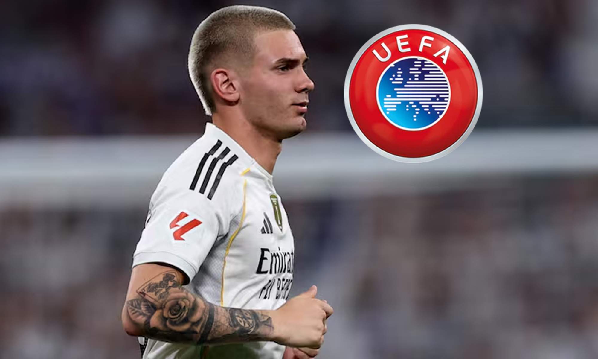 Franco Mastantuono y el logo de la UEFA.