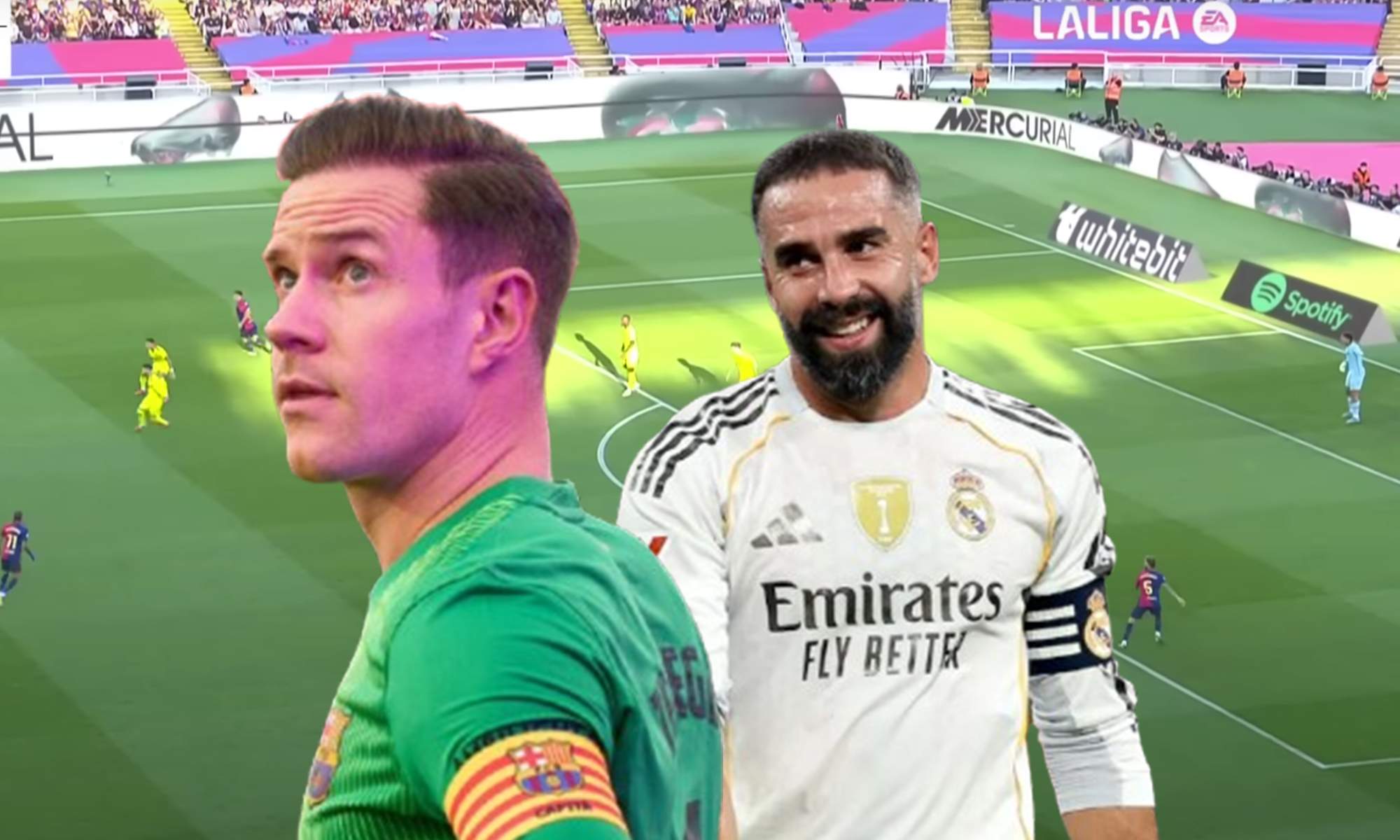 Ter Stegen, Dani Carvajal y una captura del Barcelona - Villarreal de la pasada temporada.