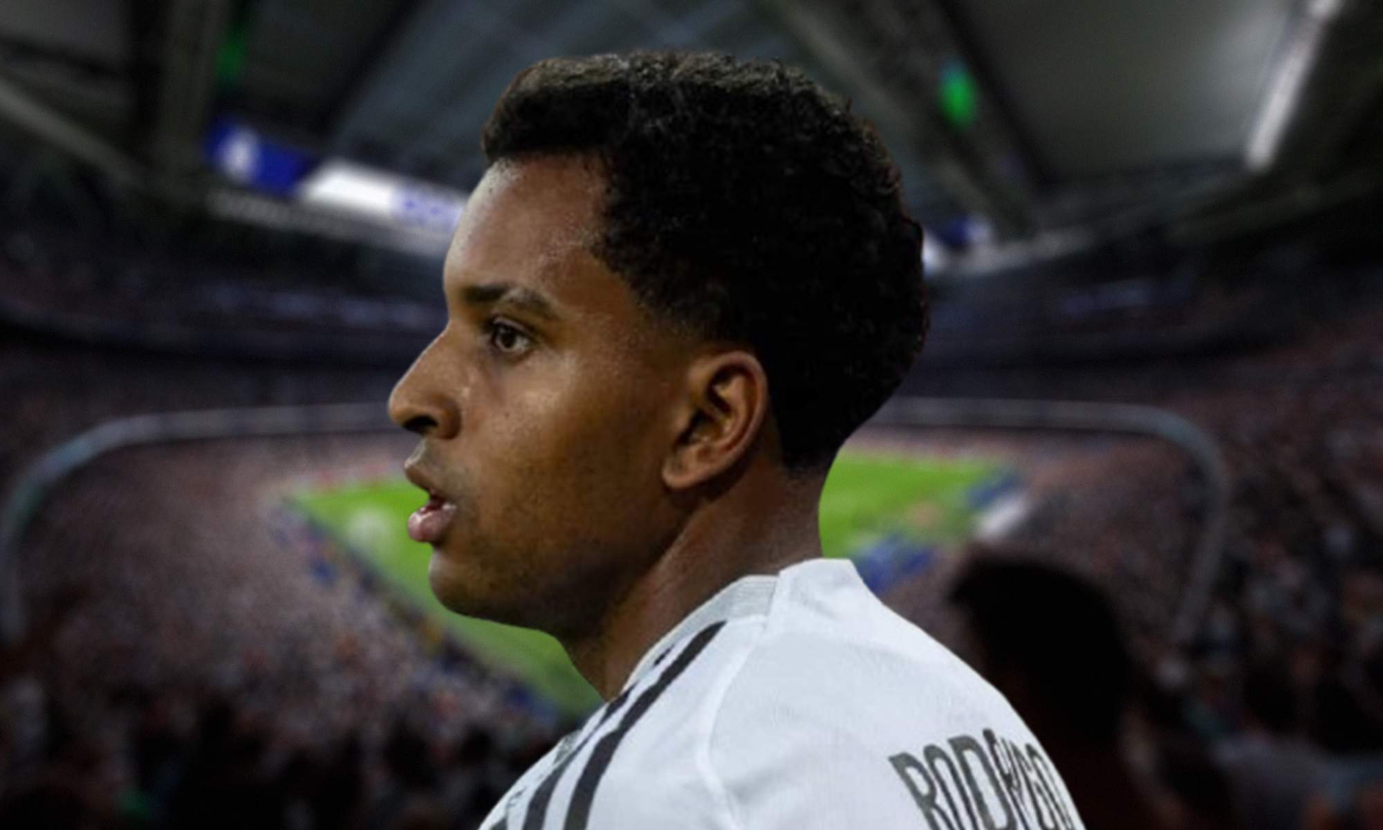 Rodrygo Goes con la camiseta del Real Madrid y el Santiago Bernabéu.