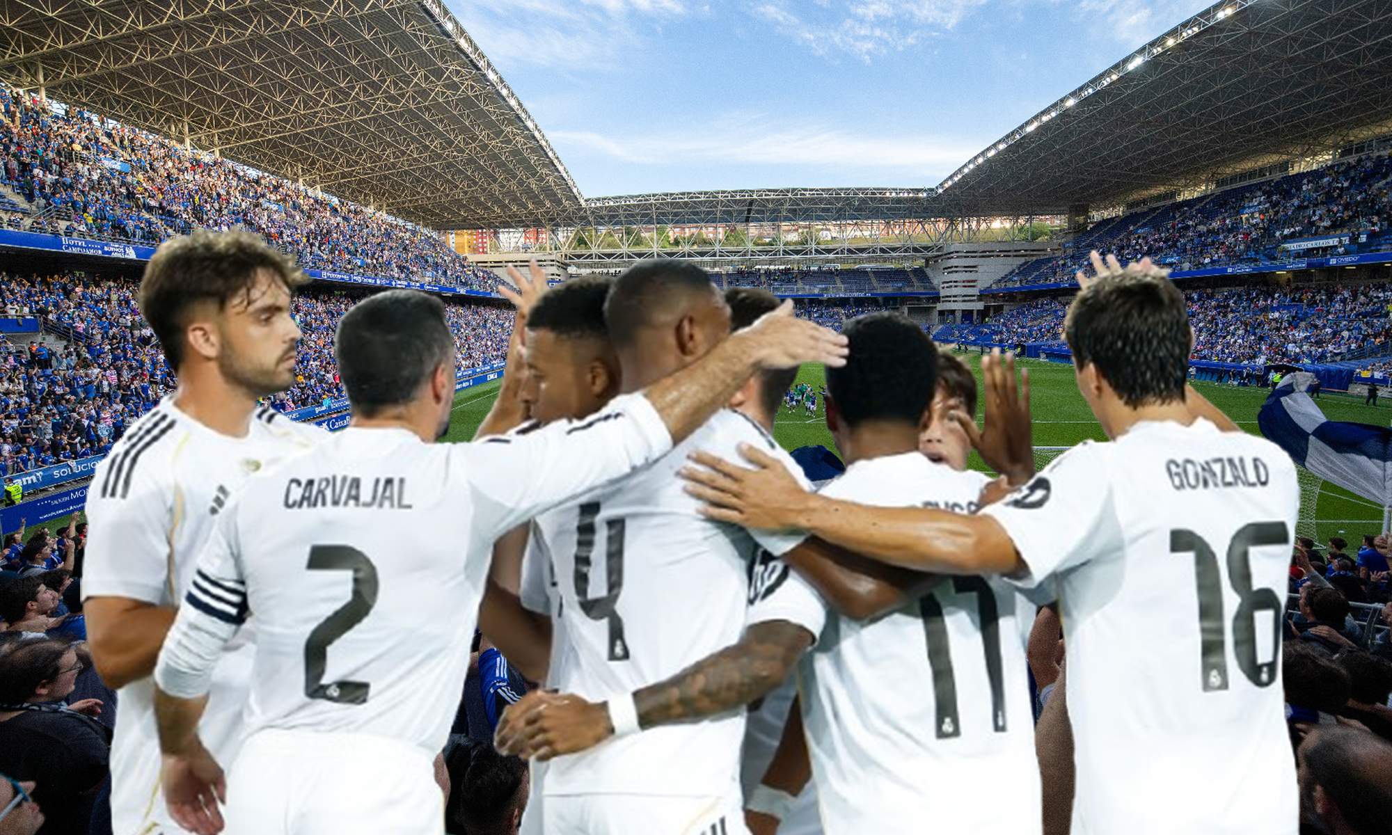 Jugadores del Real Madrid y el Carlos Tartiere.