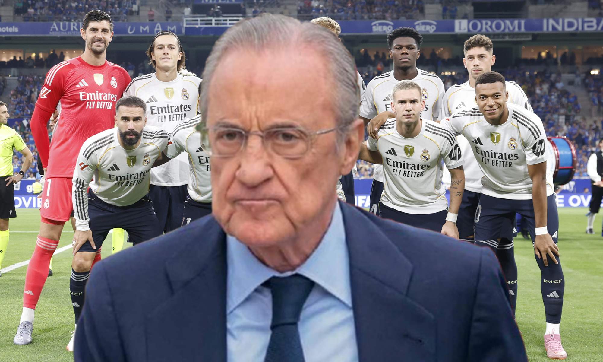 Florentino Pérez y un once del Real Madrid.