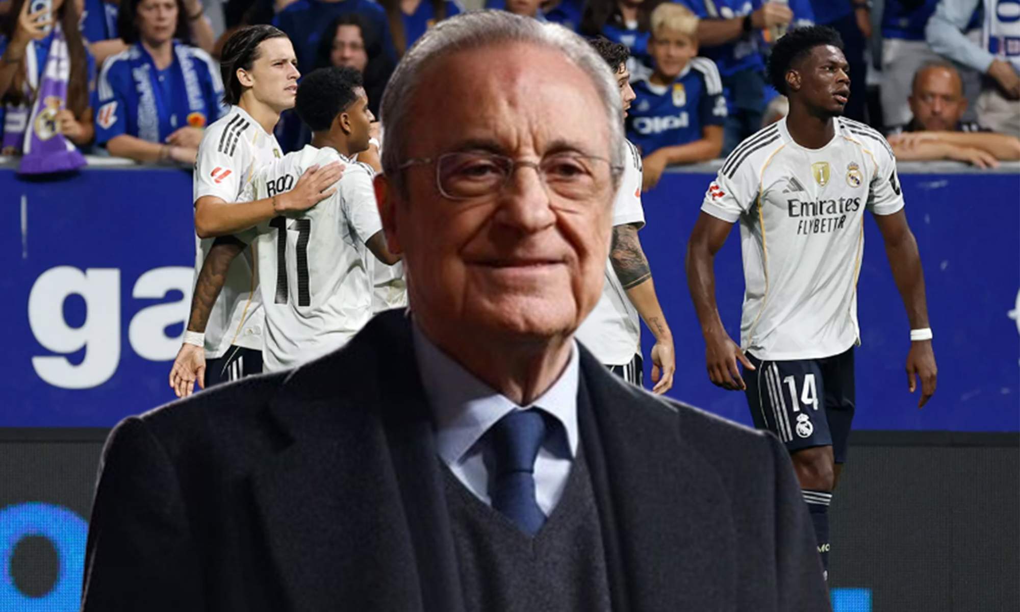 Florentino Pérez y los jugadores del Real Madrid celebrando un gol.